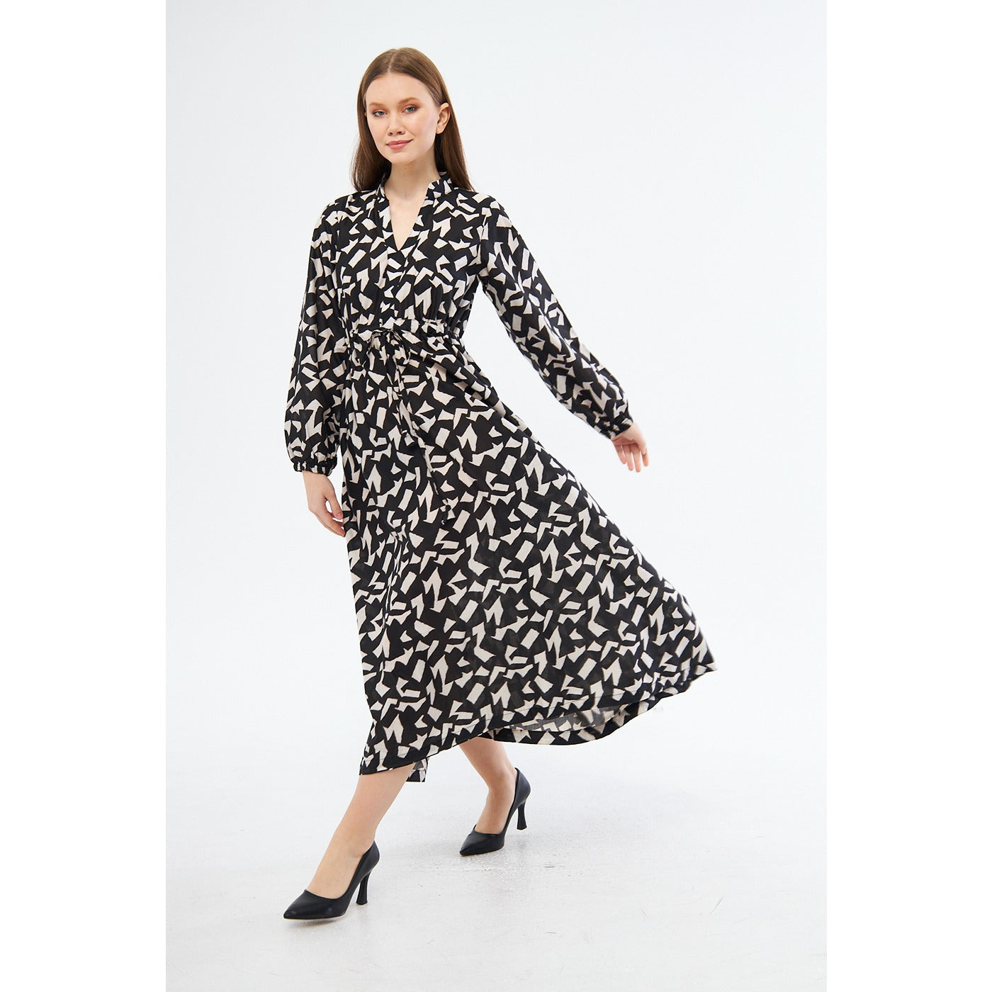 Monochrome Patterned Wrap Dress | Montivo Pakistan