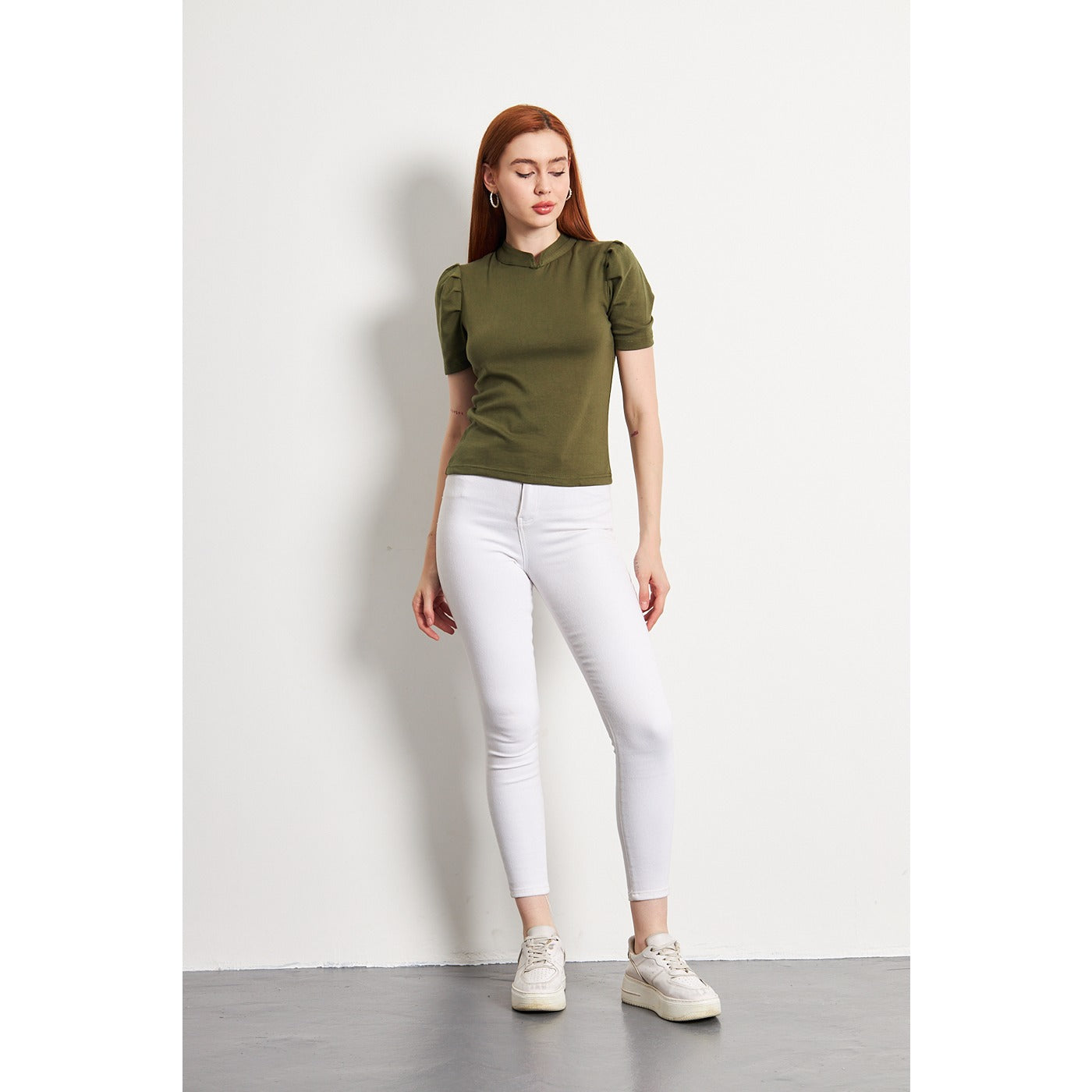 Olive Puff Sleeves Knit Top | Montivo Pakistan