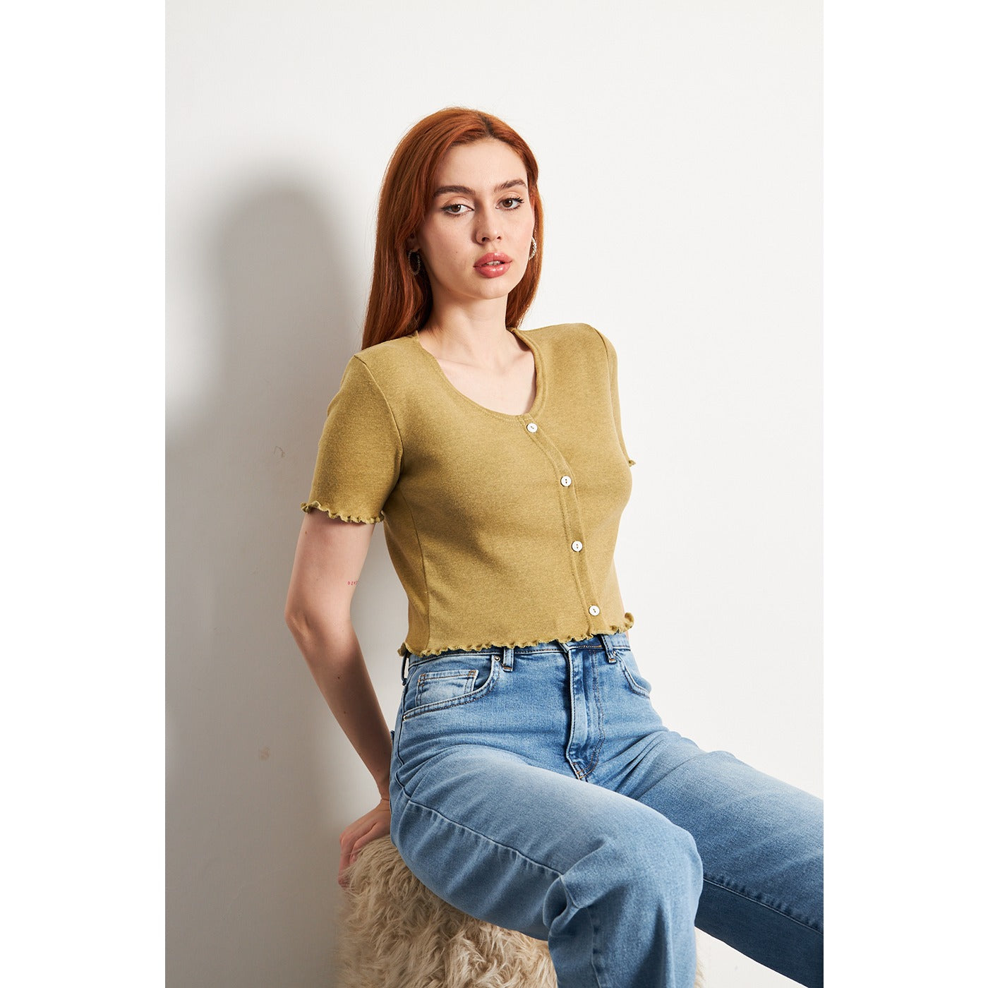Green Melange Button Down Crop Top | Montivo Pakistan