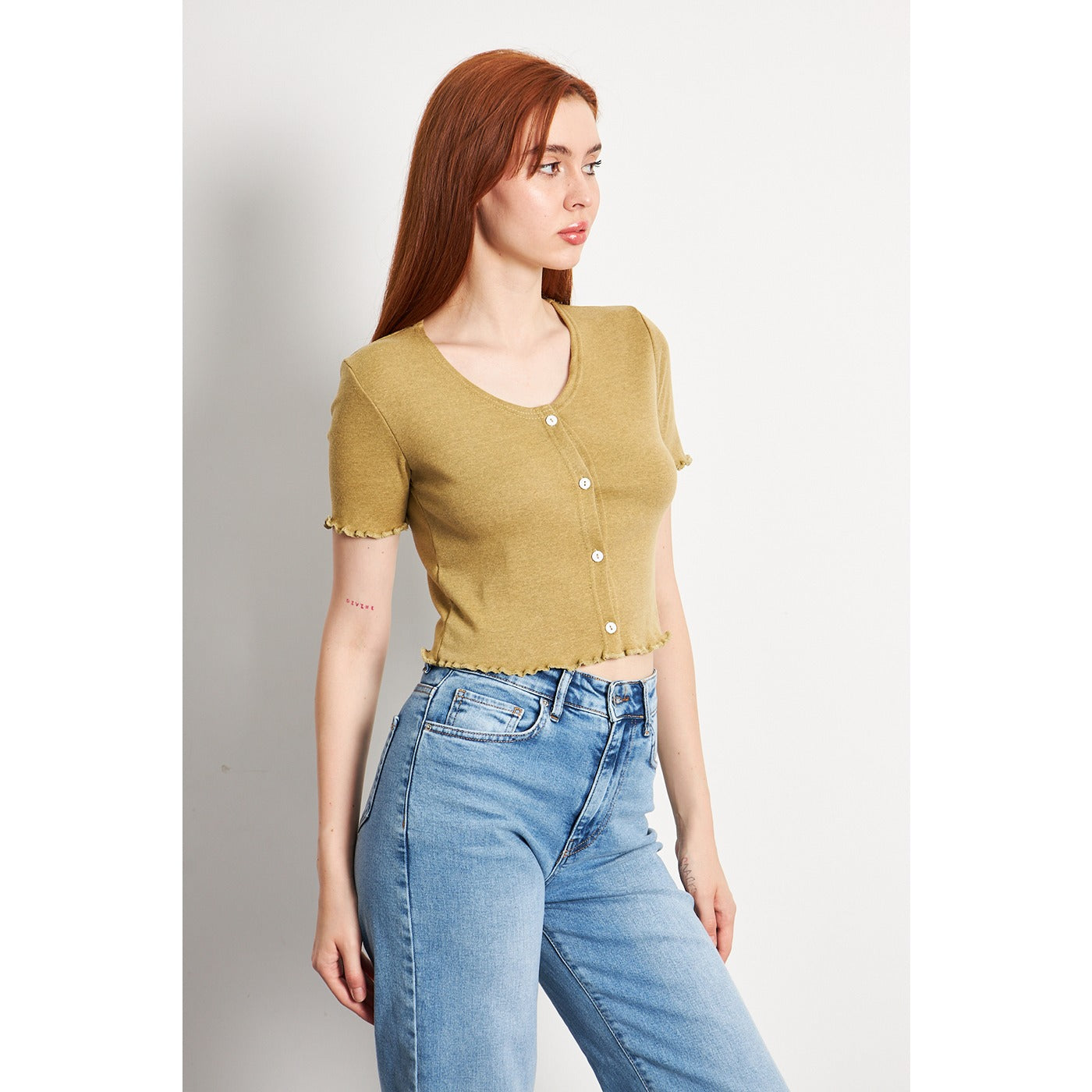 Green Melange Button Down Crop Top | Montivo Pakistan