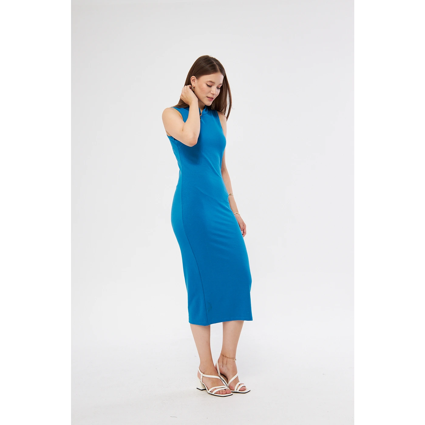 Blue Slit Neck Bodycon Dress | Montivo Pakistan
