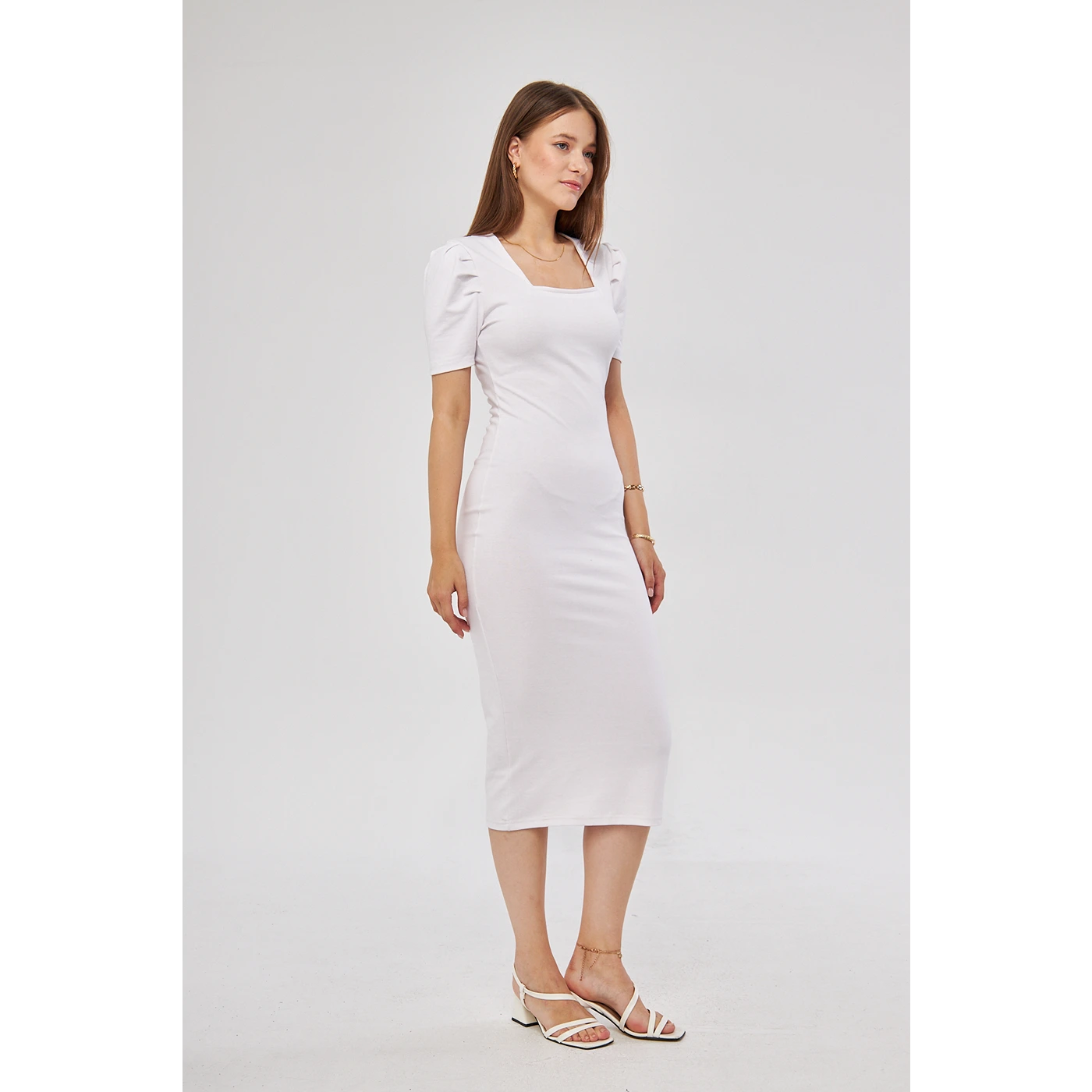 White Square Neck Puff Sleeves Bodycon Dress | Montivo Pakistan