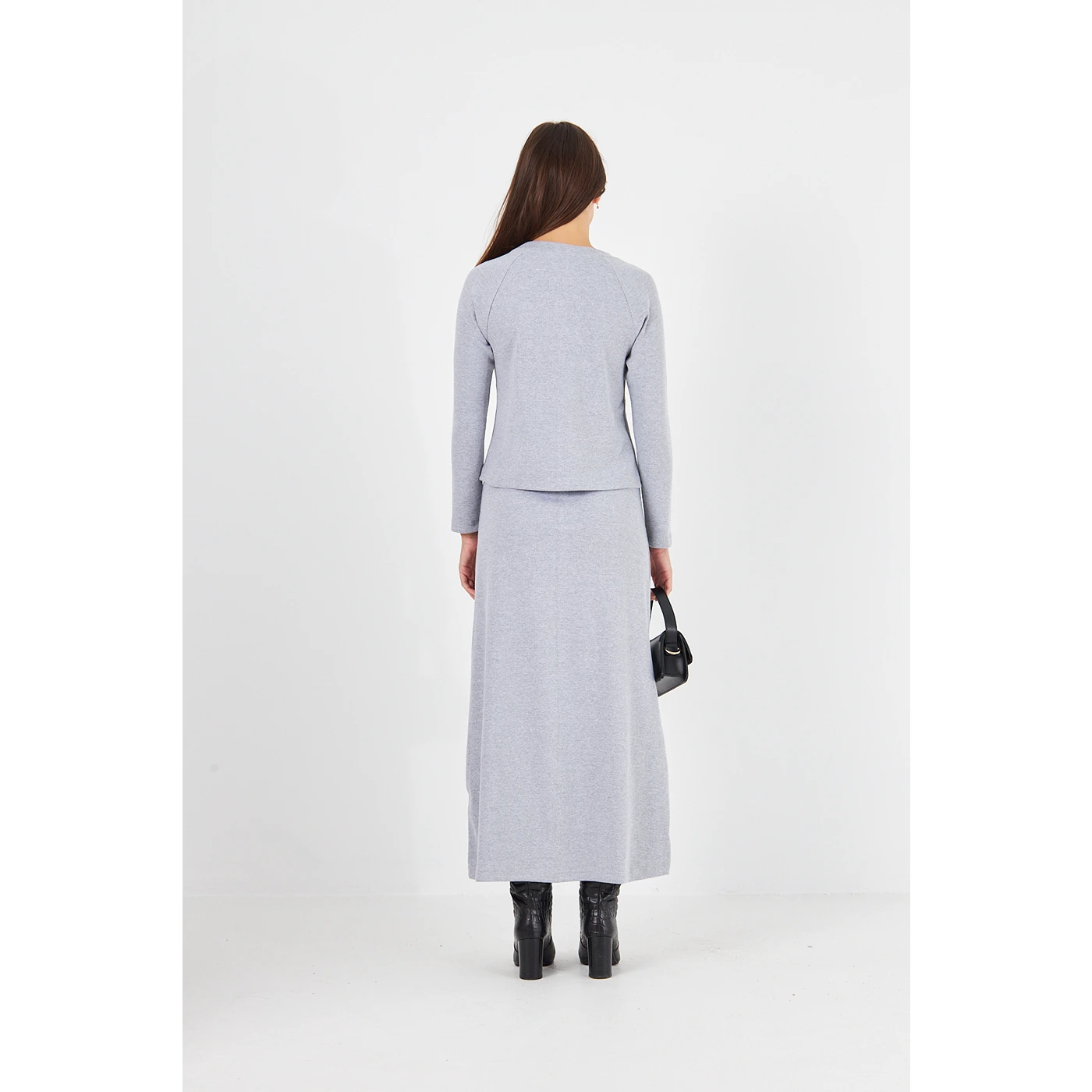 Grey Ribbed Top & Skirt Matching Set | Montivo Pakistan