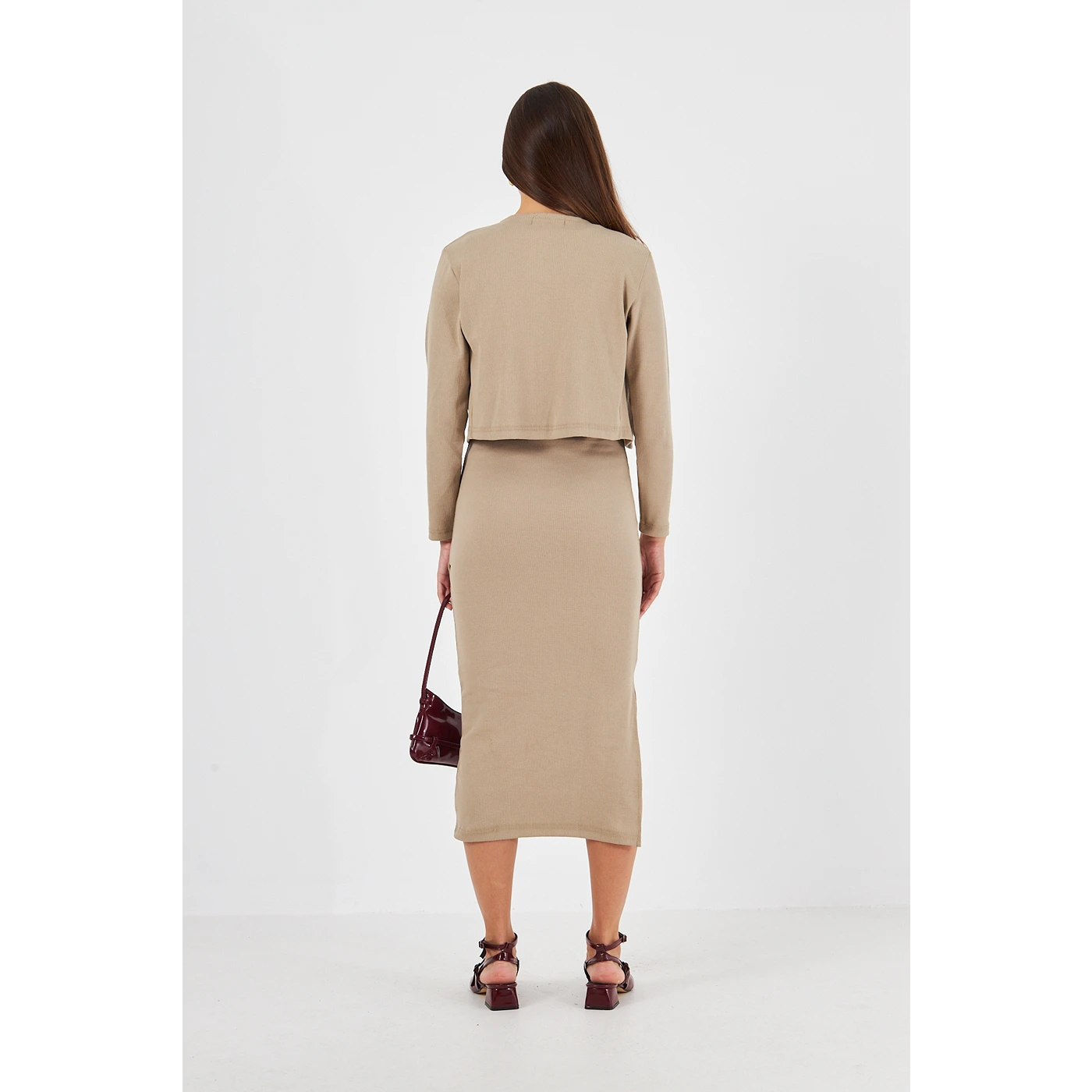 Beige Cardigan Dress Matching Set | Montivo Pakistan