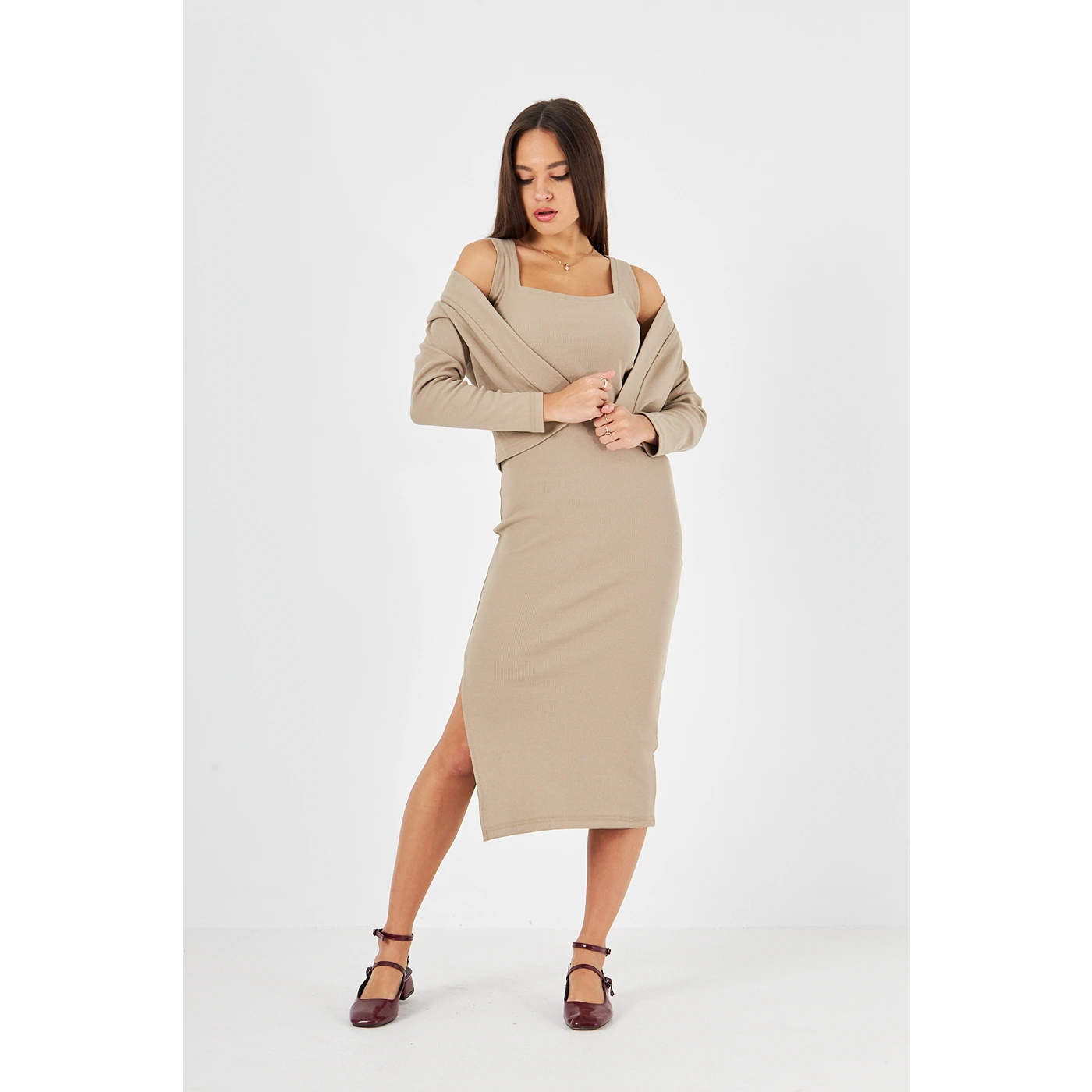 Beige Cardigan Dress Matching Set | Montivo Pakistan