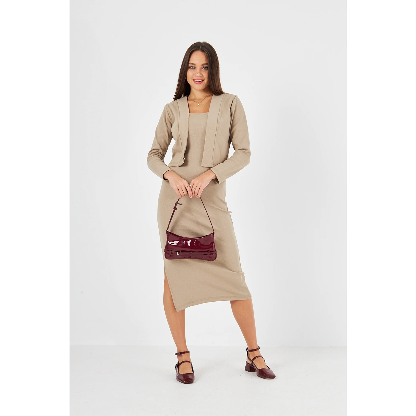 Beige Cardigan Dress Matching Set | Montivo Pakistan