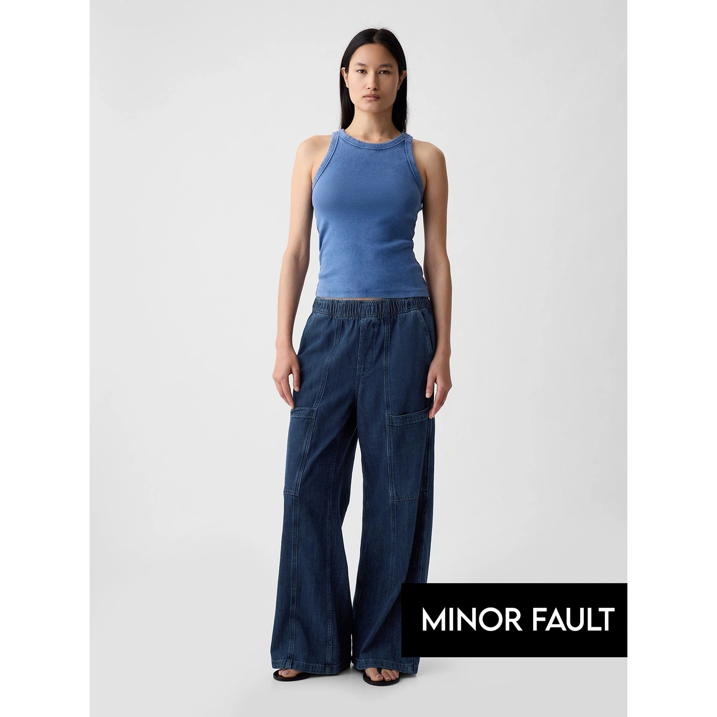 (Minor Fault) Blue High Waisted Wide Leg Utility Easy Jeans | Montivo Pakistan