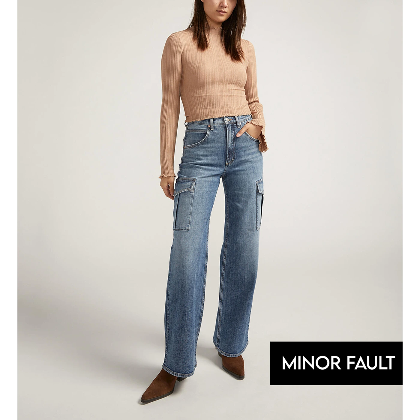 (Minor Fault) Indigo Blue High Rise Wide Leg Cargo Jeans | Montivo Pakistan