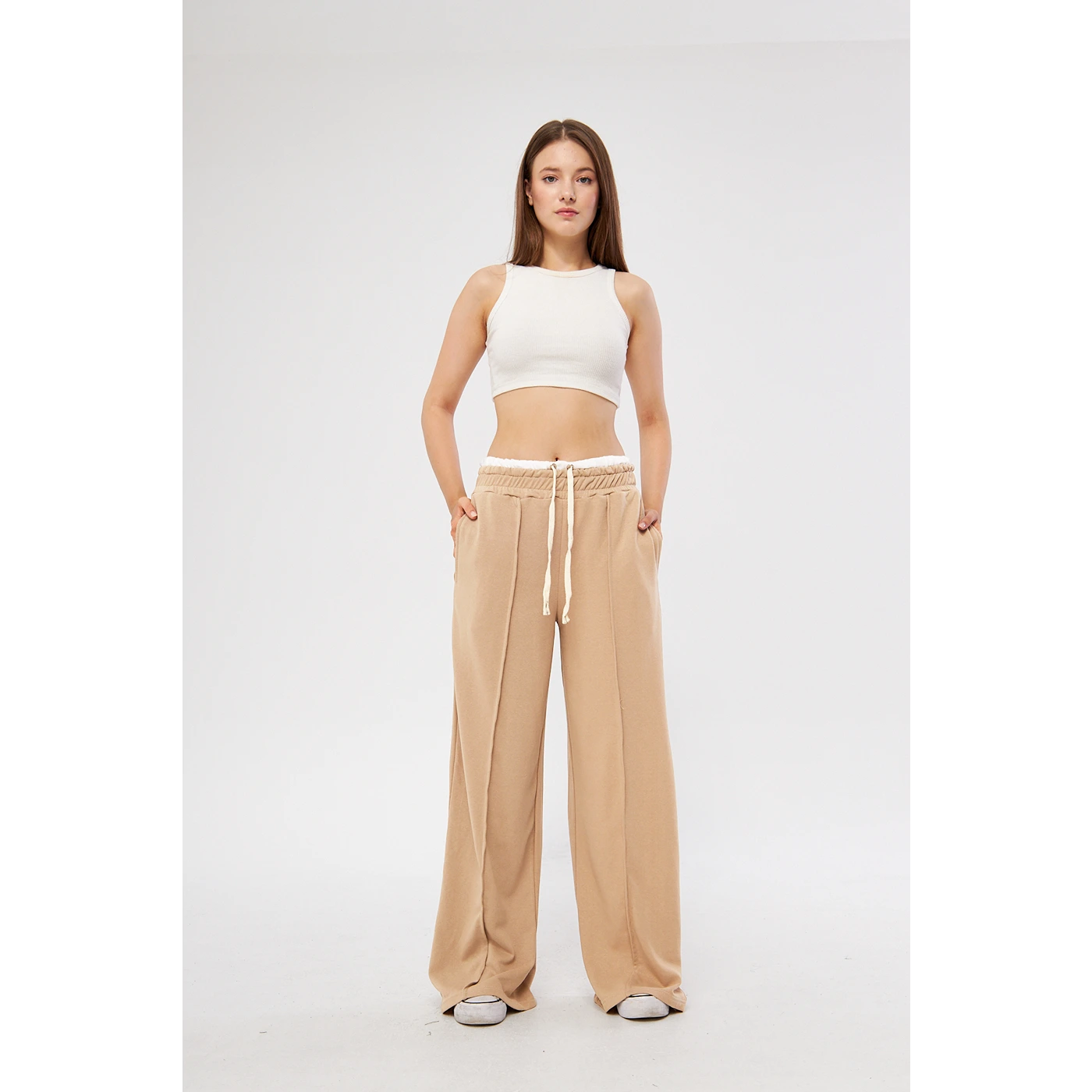 Khaki Boxer Belt Wide Leg Trousers | Montivo Pakistan