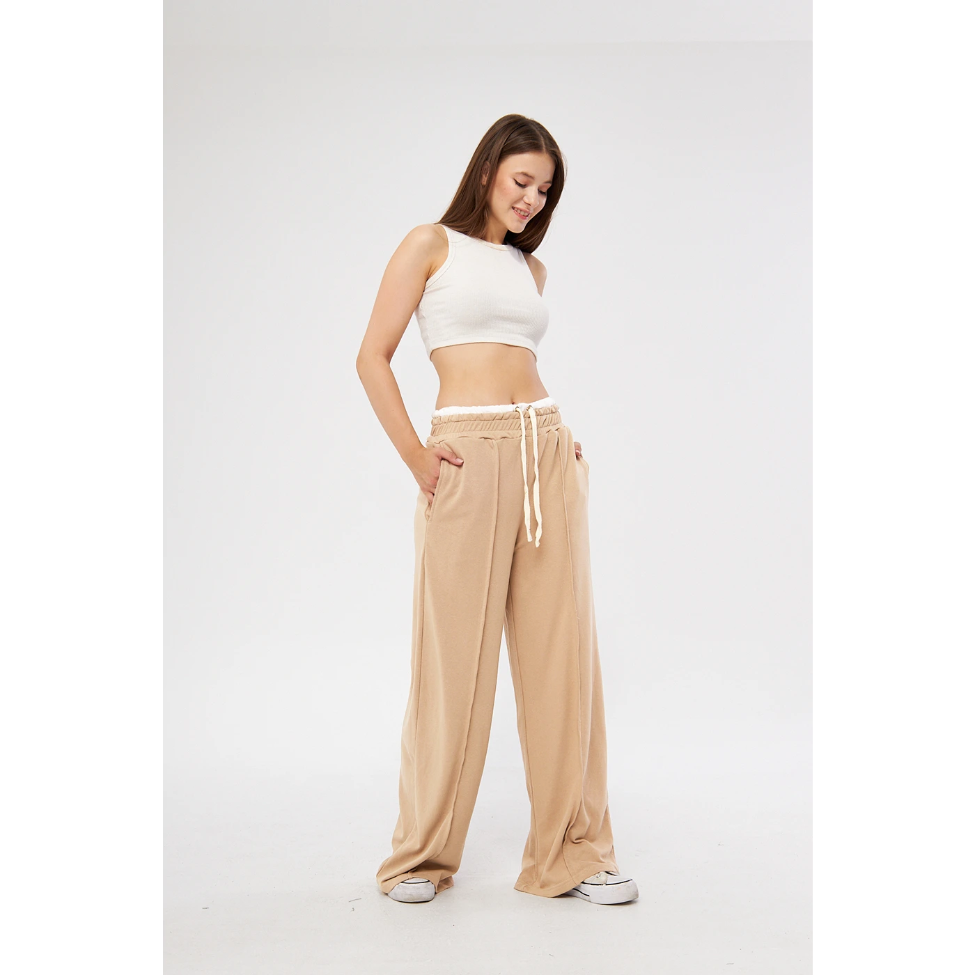 Khaki Boxer Belt Wide Leg Trousers | Montivo Pakistan