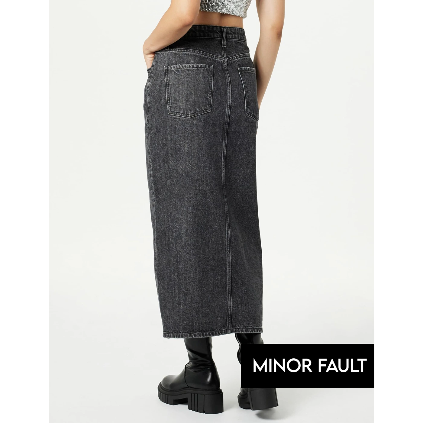 (Minor Fault) Charcoal Front Slit Denim Skirt | Montivo Pakistan