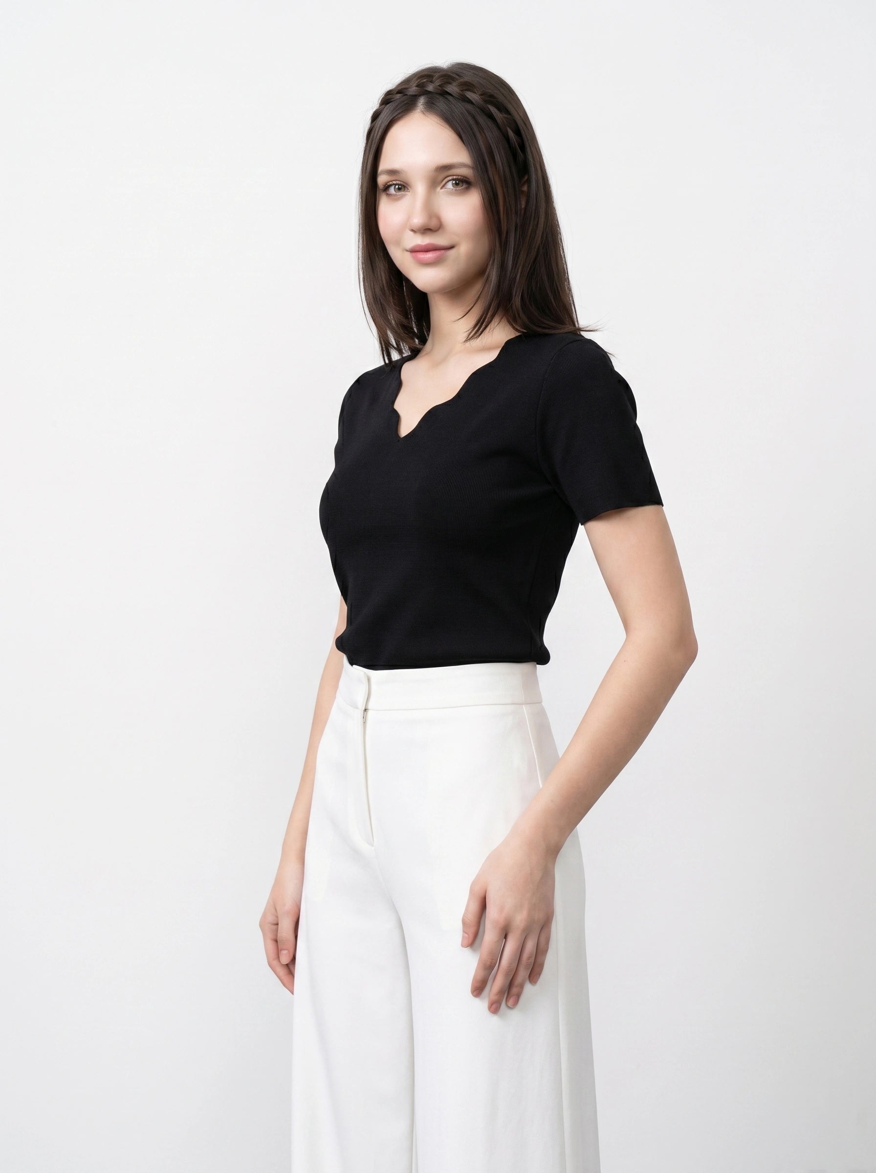 Plain Scallop Edge Neck Short Sleeve Top | Montivo Pakistan