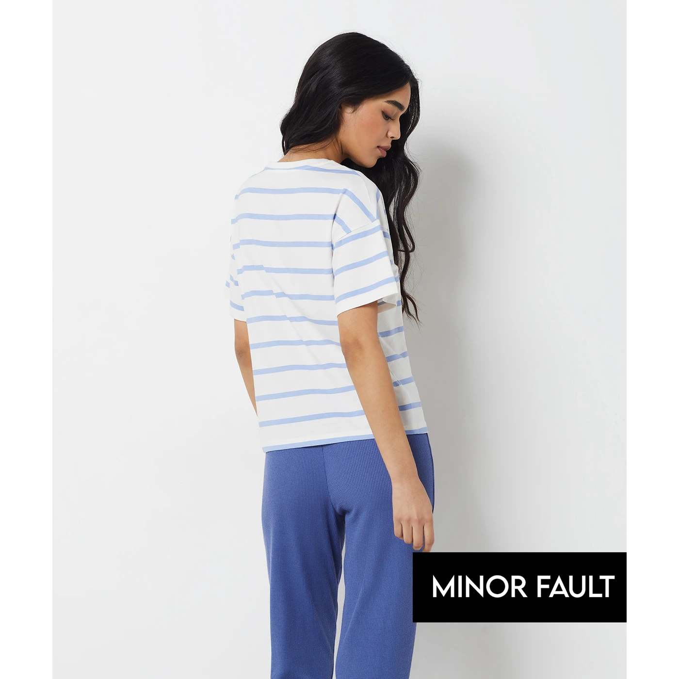 (Minor Fault) Light Blue Stripes Relaxed Fit Tshirt | Montivo Pakistan