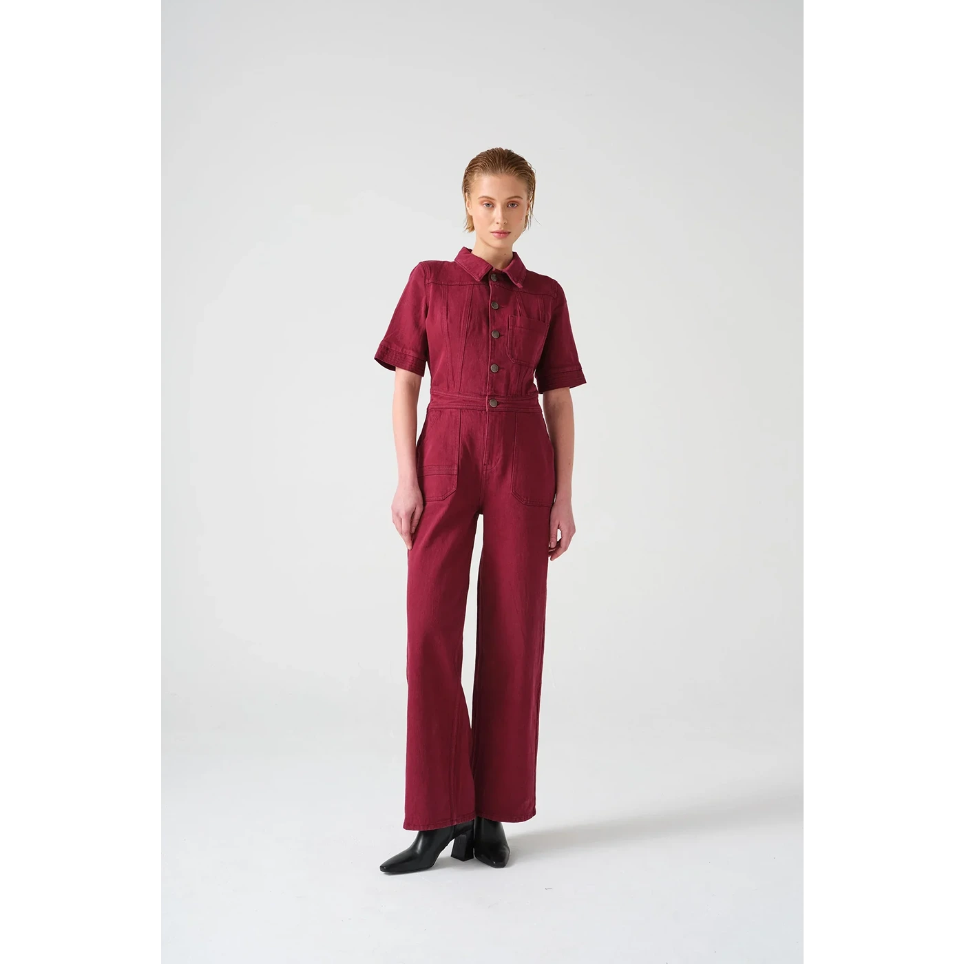 Burgundy Wide Leg Denim Jumpsuit | Montivo Pakistan
