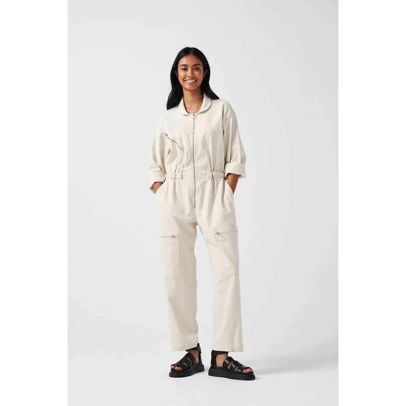 Ecru Denim Long Jumpsuit | Montivo Pakistan