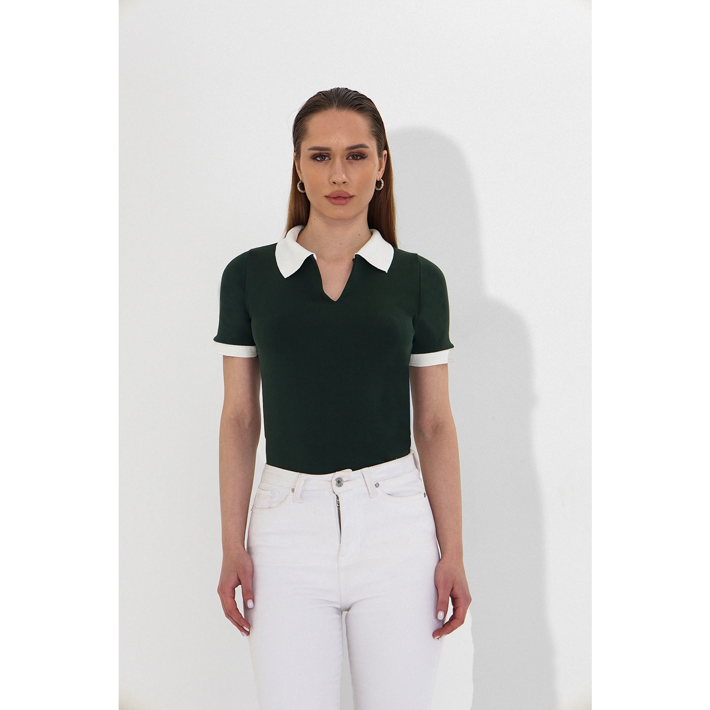 Green V Neck Contrast Polo | Montivo Pakistan