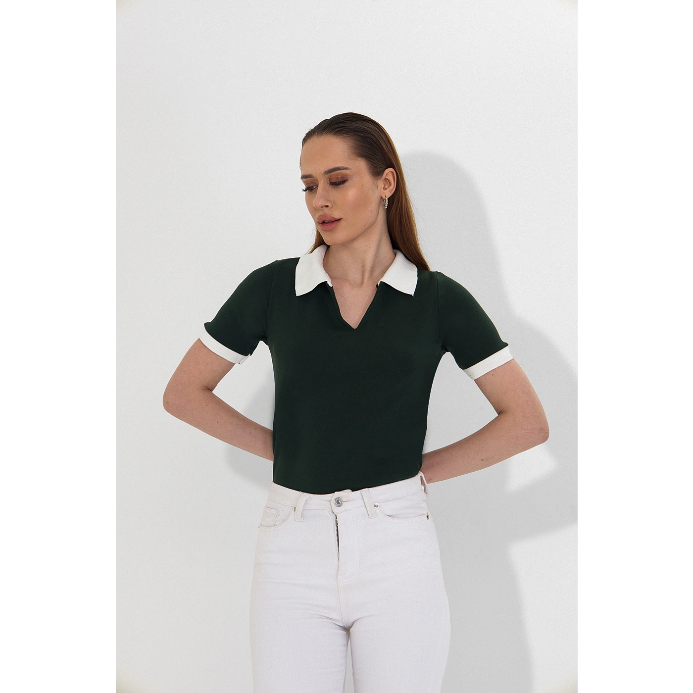 Green V Neck Contrast Polo | Montivo Pakistan