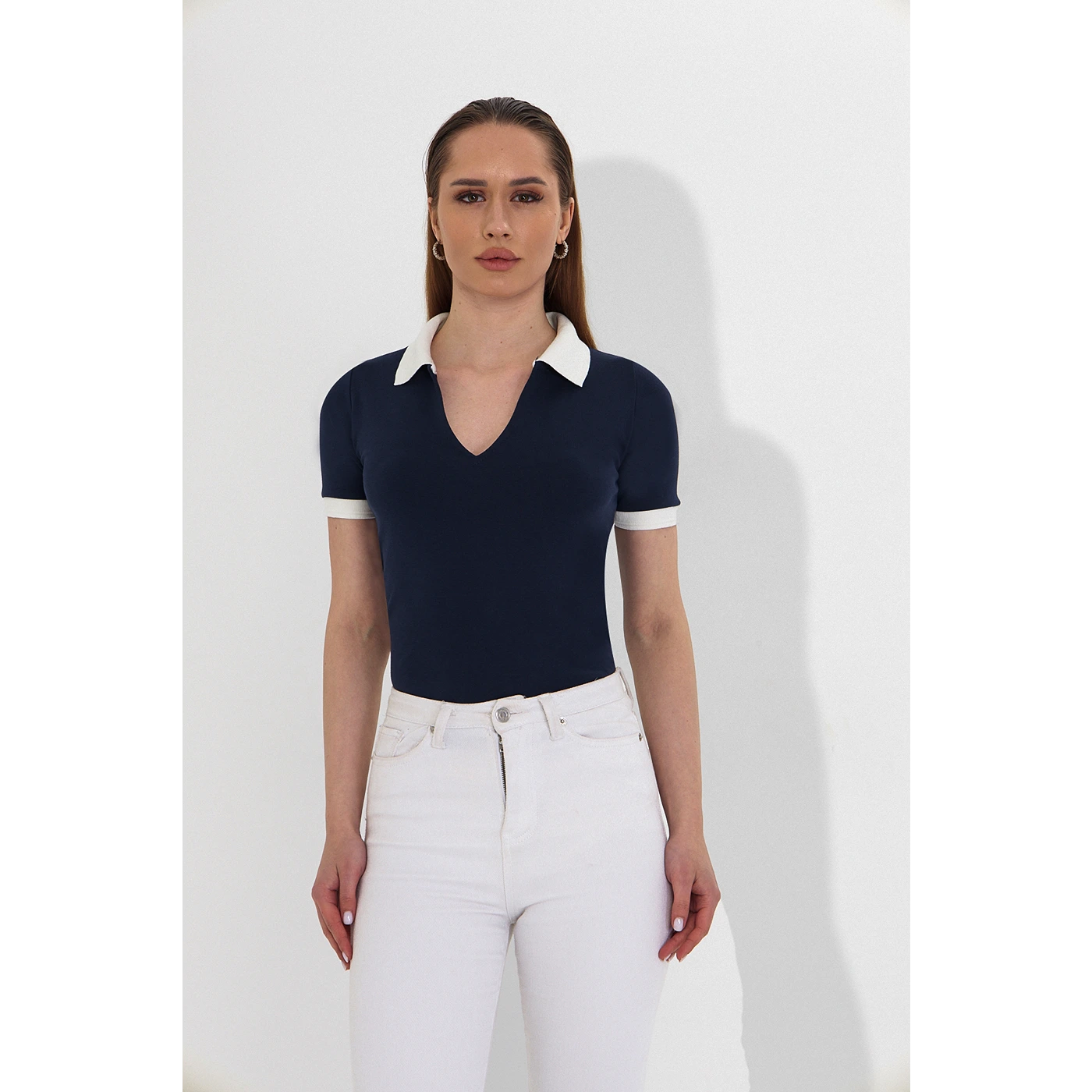 Blue V Neck Contrast Polo | Montivo Pakistan