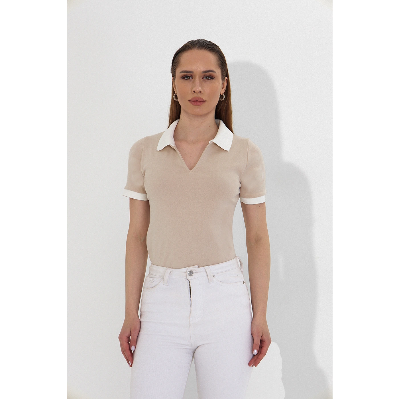 Beige V Neck Contrast Polo | Montivo Pakistan