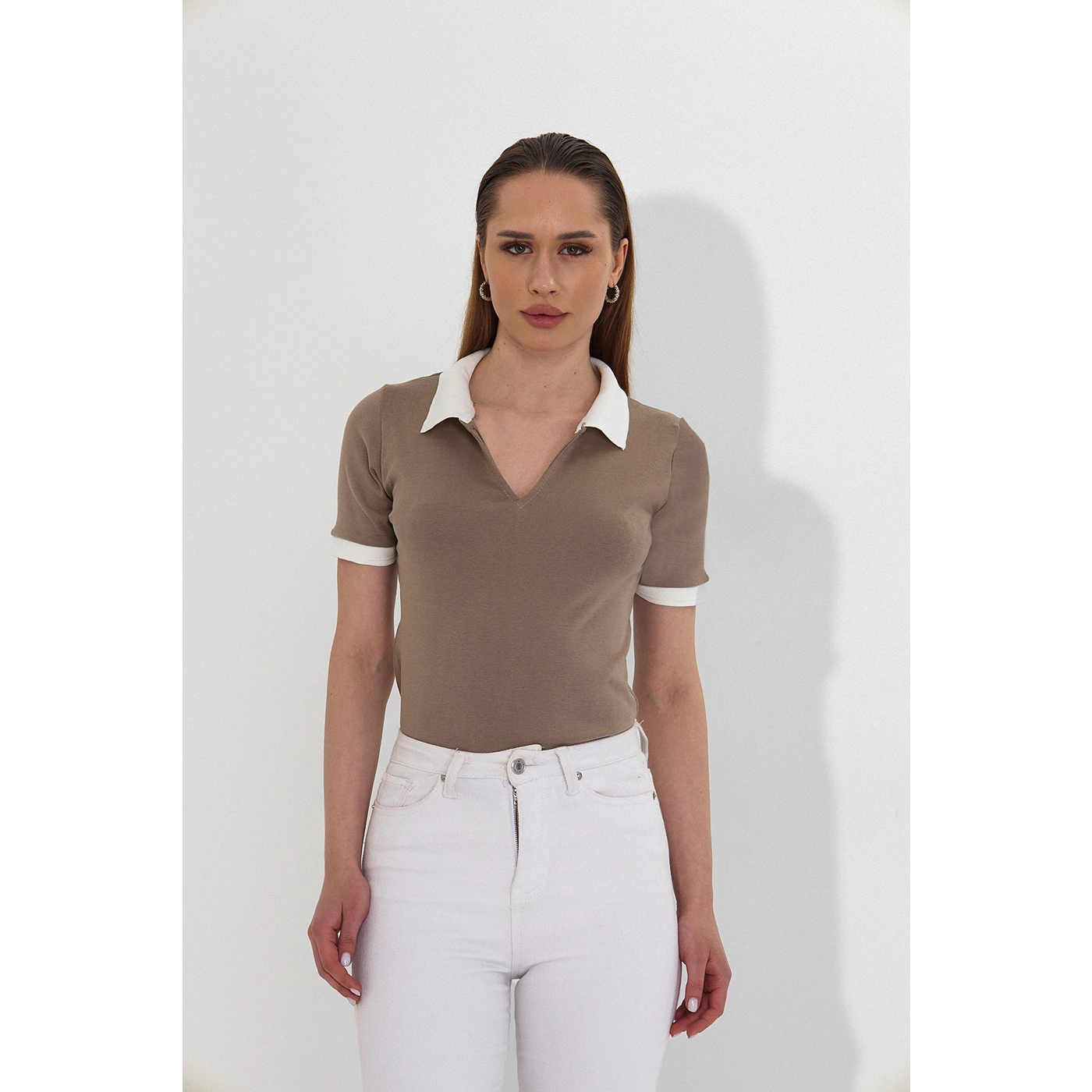 Brown V Neck Contrast Polo | Montivo Pakistan