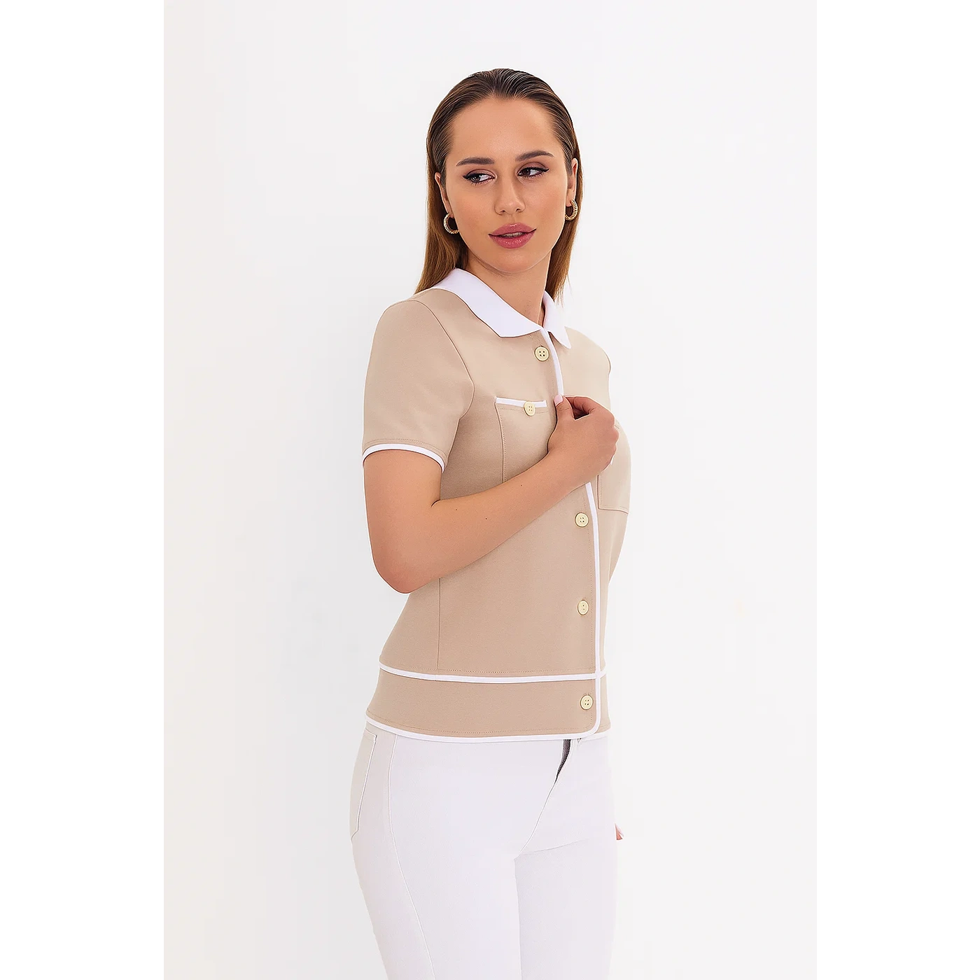 Beige Short-Sleeves Contrast Trim Shirt | Montivo Pakistan