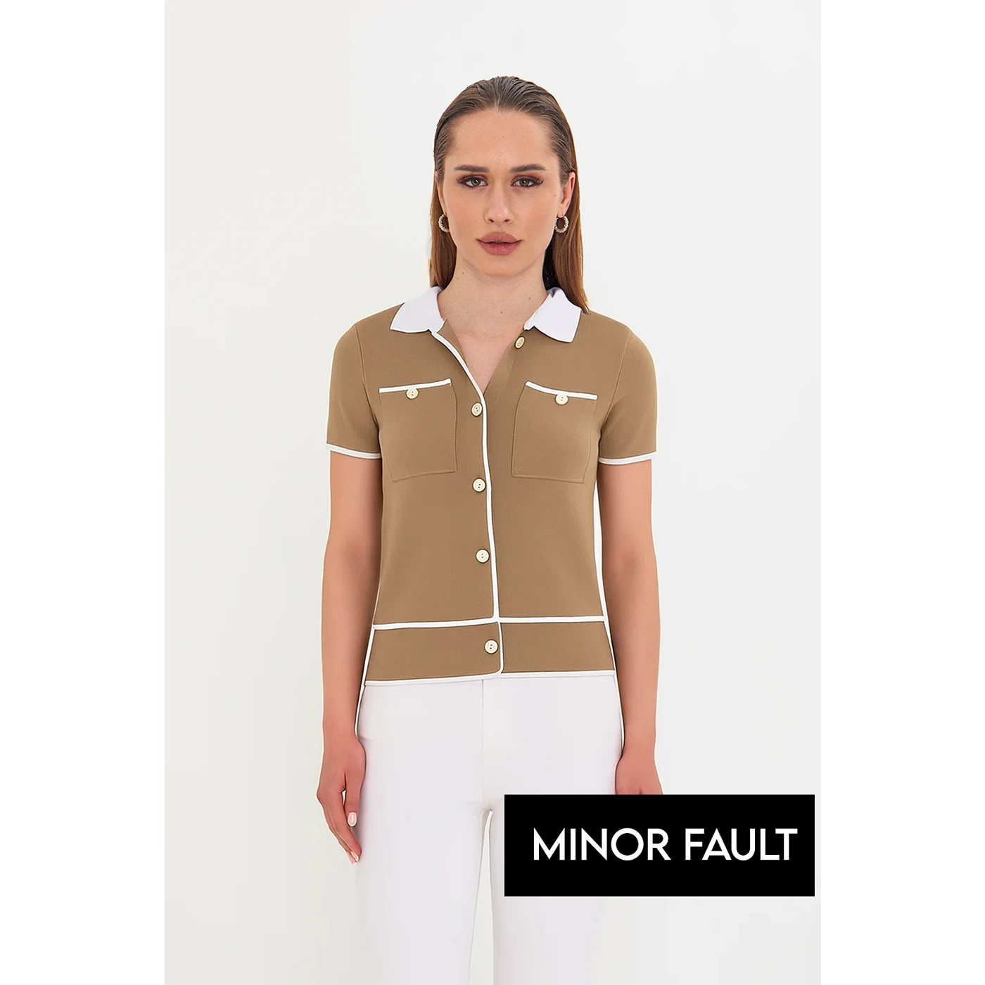 (Minor Fault) Brown Short-Sleeves Contrast Trim Shirt | Montivo Pakistan
