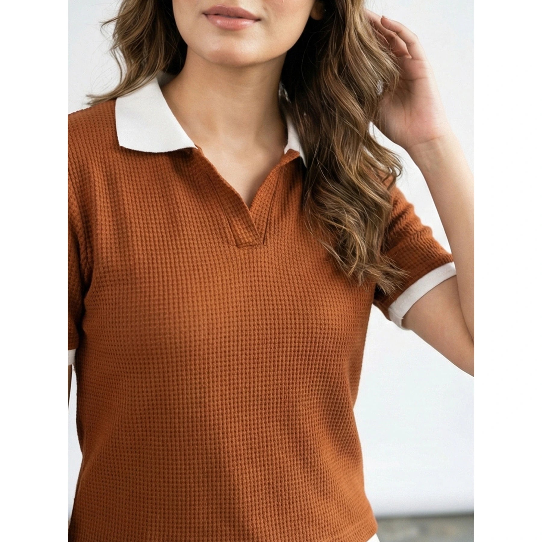 Rust Waffle Contrast Textured Polo | Montivo Pakistan