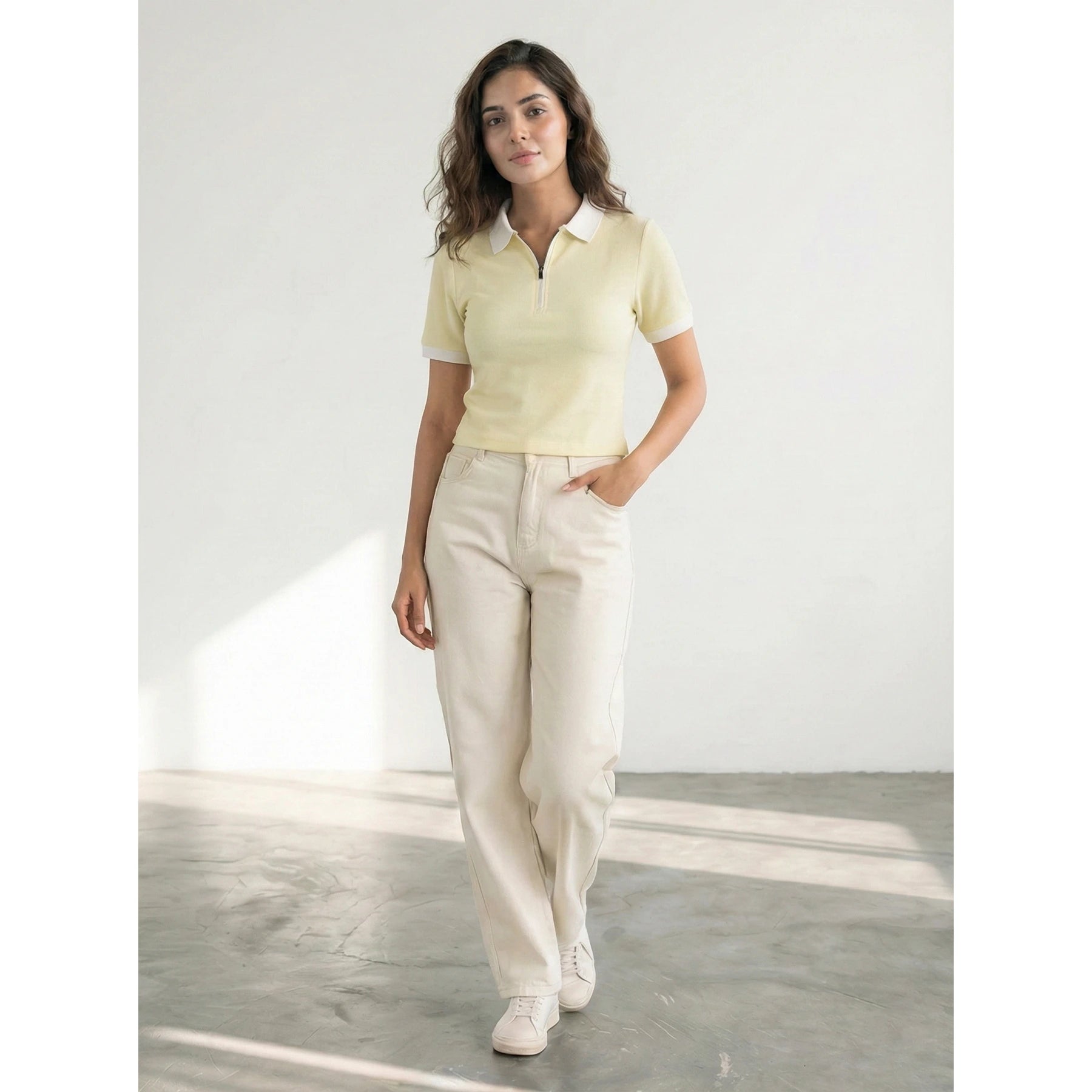 Light Yellow Zipper Waffle Contrast Polo | Montivo Pakistan