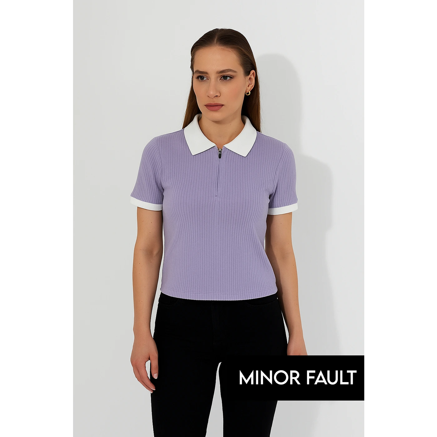 (Minor Fault) Lilac Zipper Drop Needle Contrast Polo | Montivo Pakistan