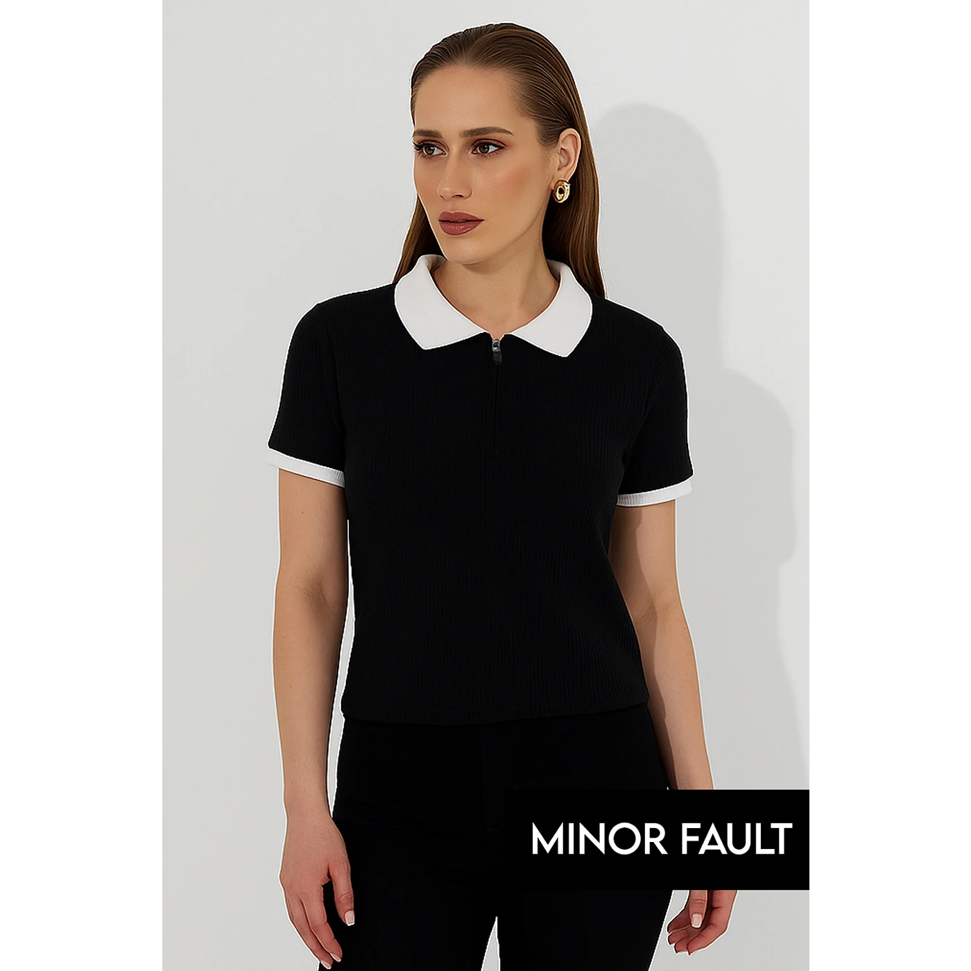 (Minor Fault) Black Zipper Drop Needle Contrast Polo | Montivo Pakistan