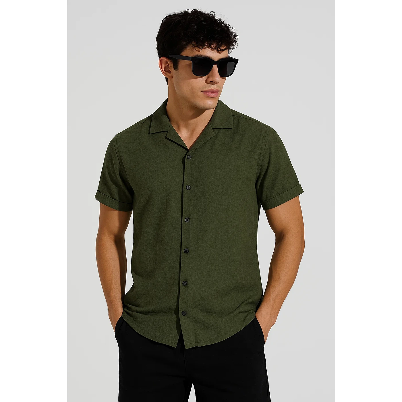 Green Textured Cuban Collar Shirt | Montivo Pakistan