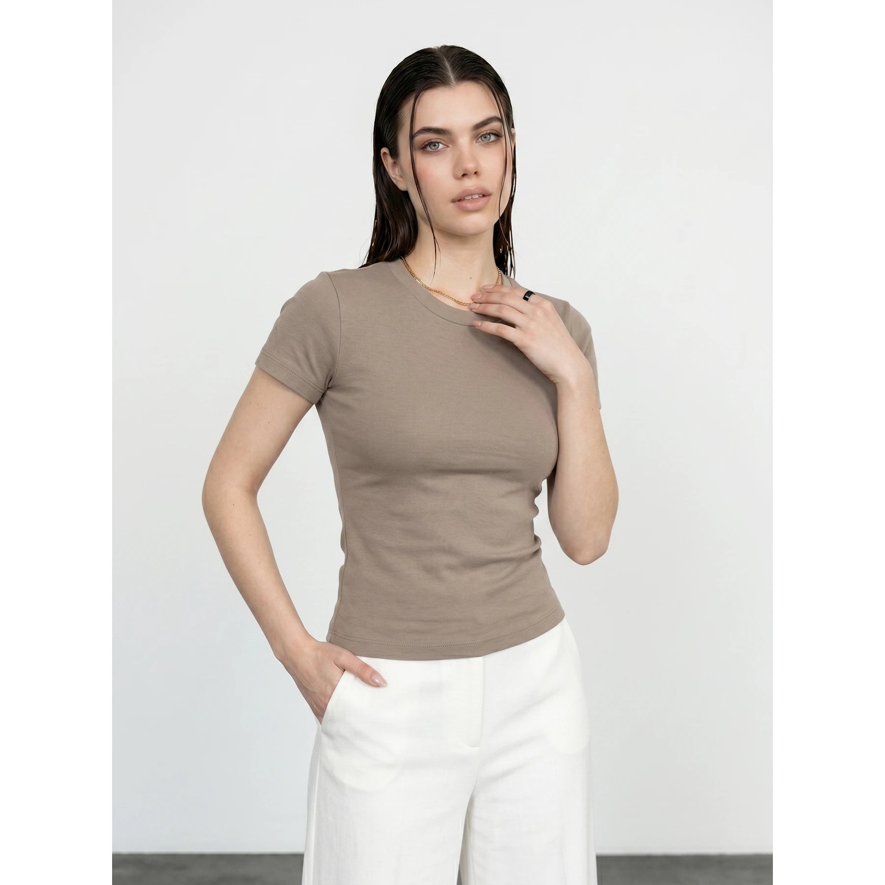 Light Brown Ribbed Fitted Tshirt | Montivo Pakistan