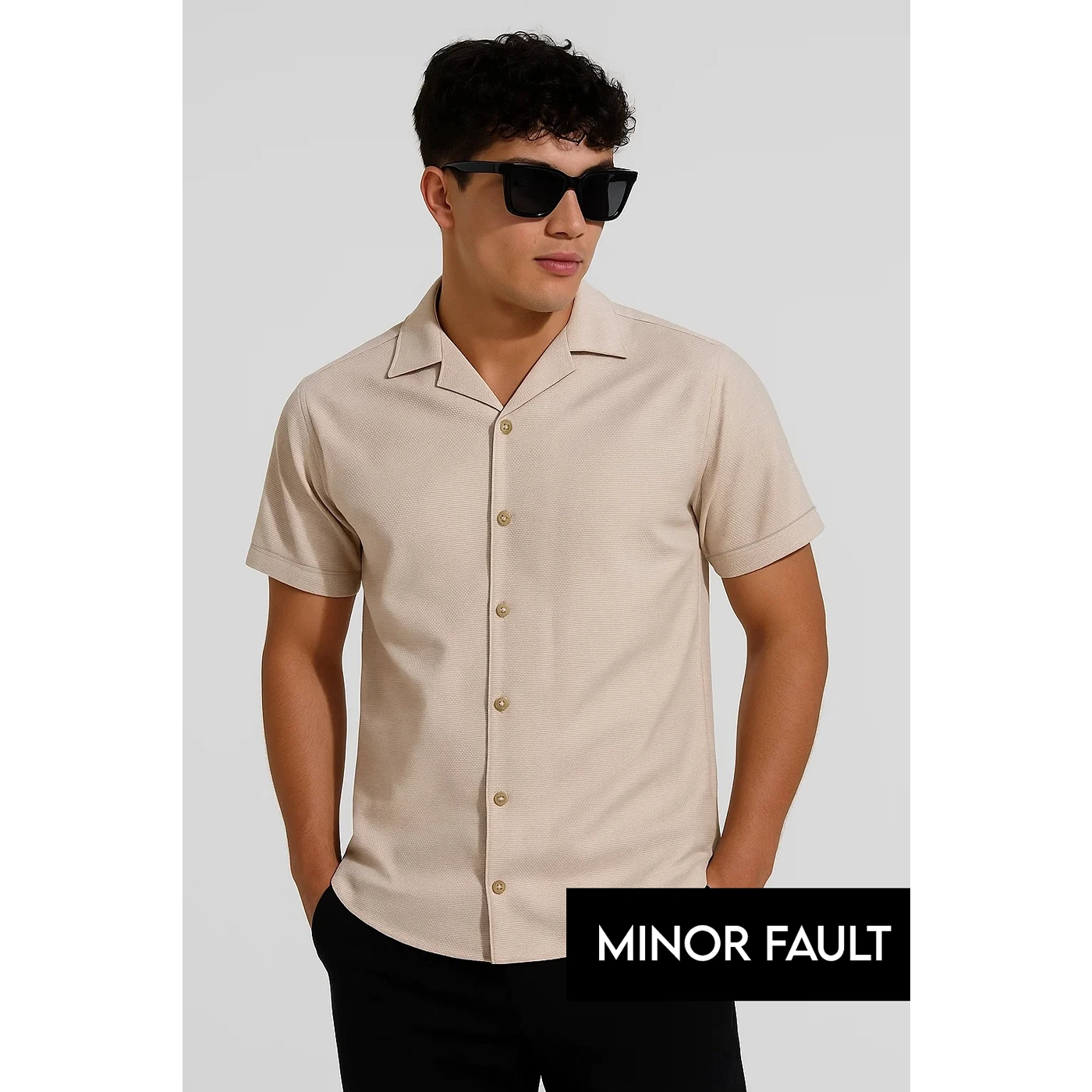 (Minor Fault) Beige Textured Cuban Collar Shirt | Montivo Pakistan