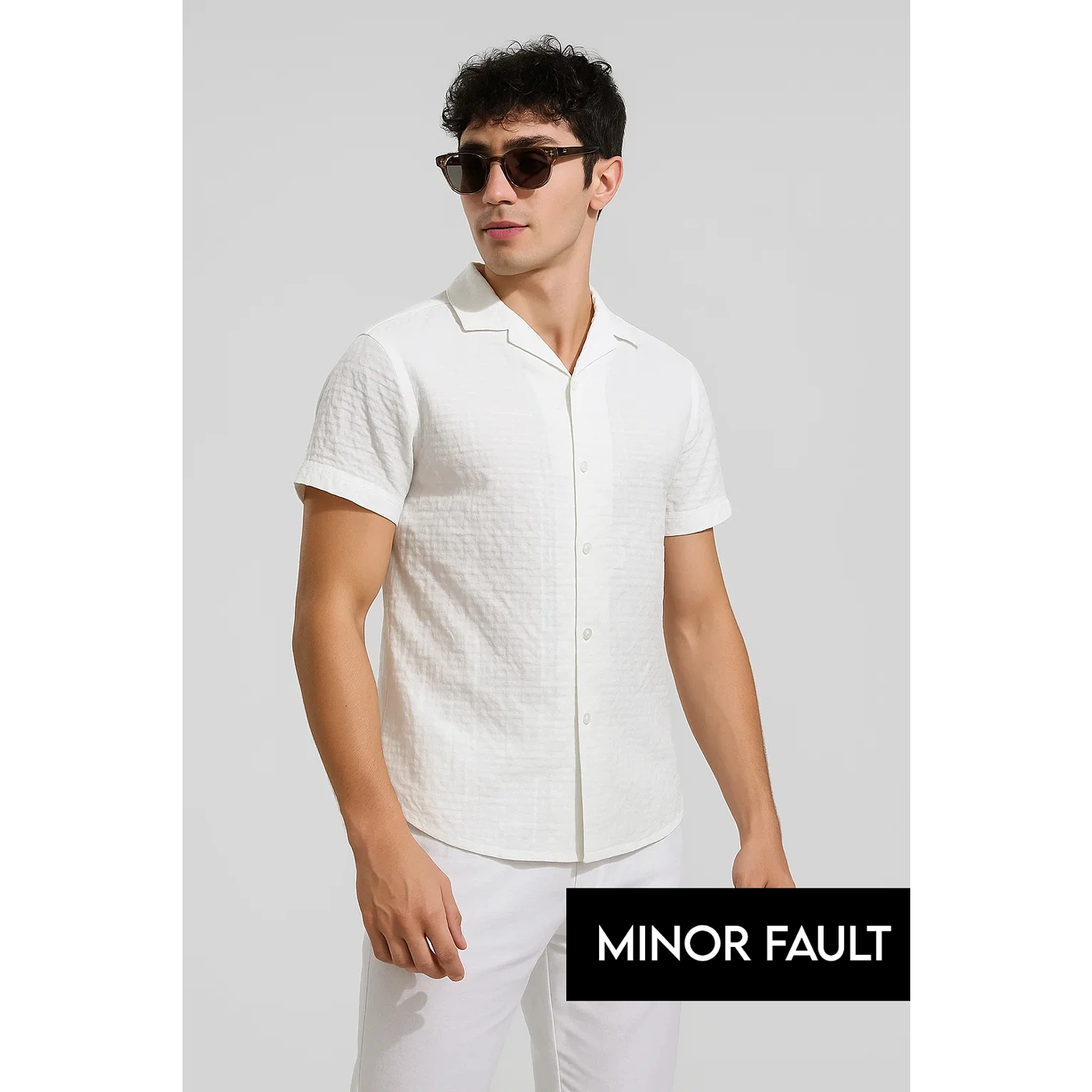 (Minor Fault) White Textured Cuban Collar Shirt | Montivo Pakistan