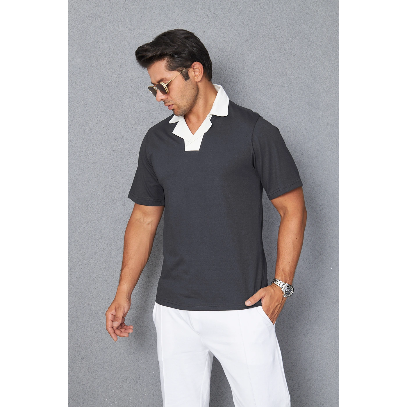 Steel Grey Contrast Collar Regular Fit Polo | Montivo Pakistan