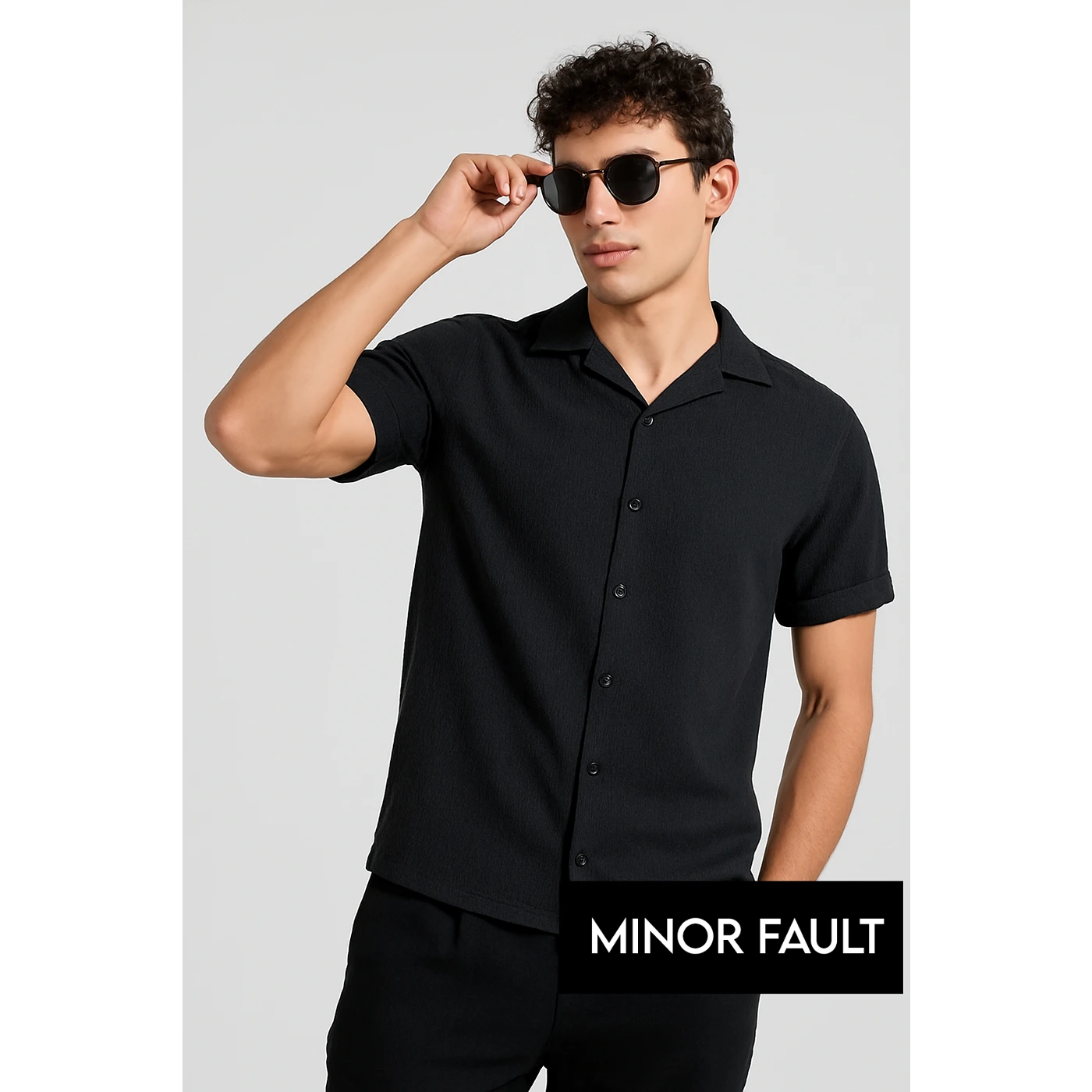 (Minor Fault) Black Textured Cuban Collar Shirt | Montivo Pakistan