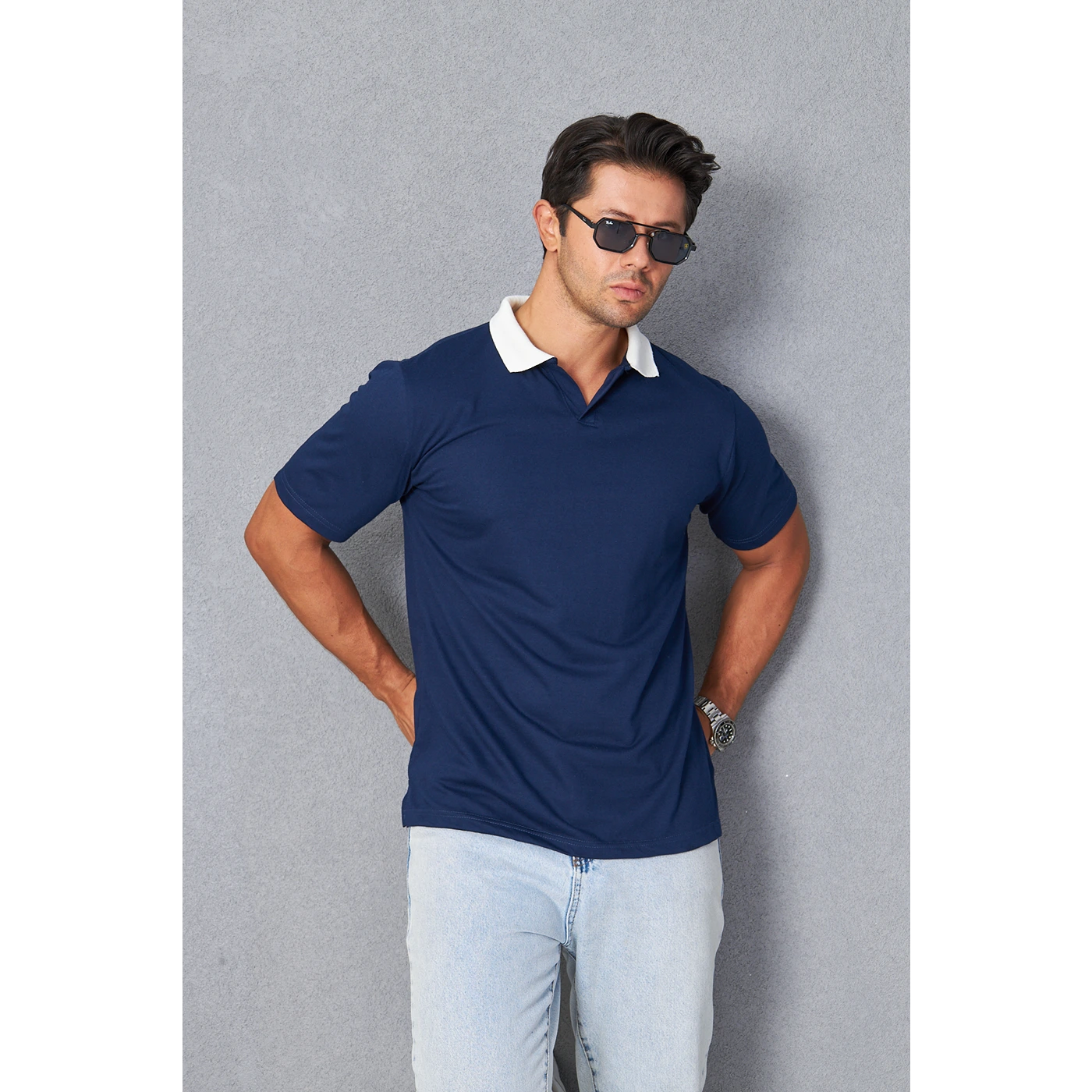 Navy V Neck Contrast Collar Polo | Montivo Pakistan