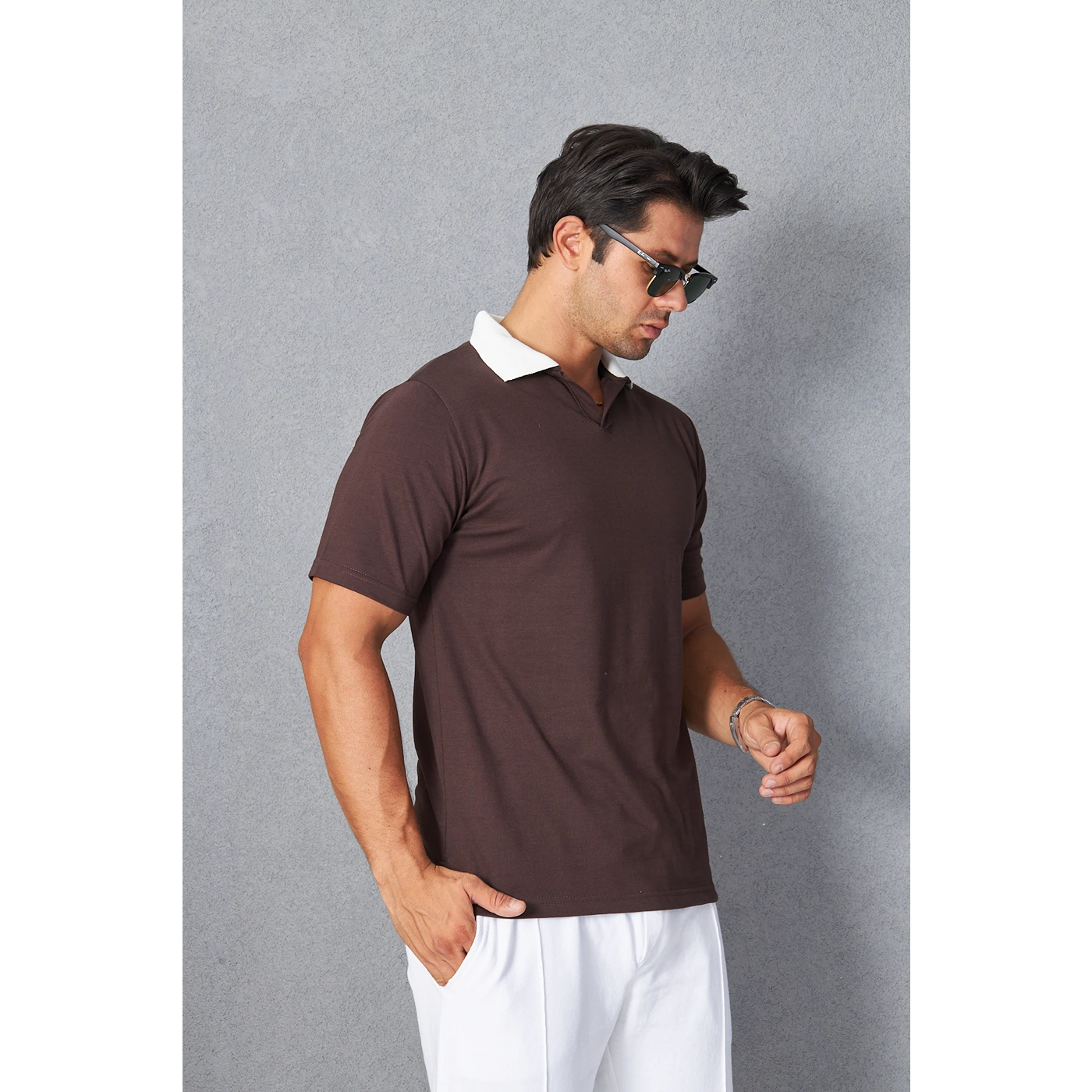 Brown V Neck Contrast Collar Polo | Montivo Pakistan
