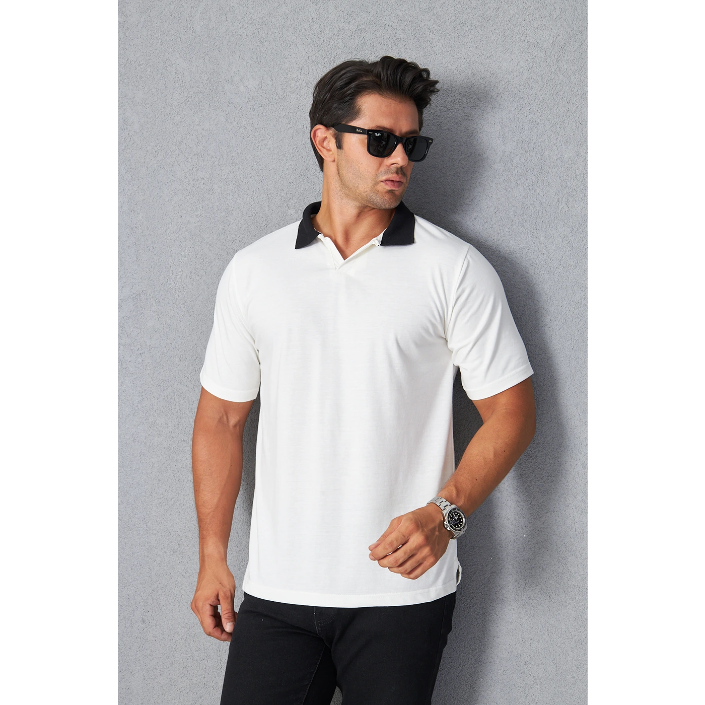 White V Neck Contrast Collar Polo | Montivo Pakistan