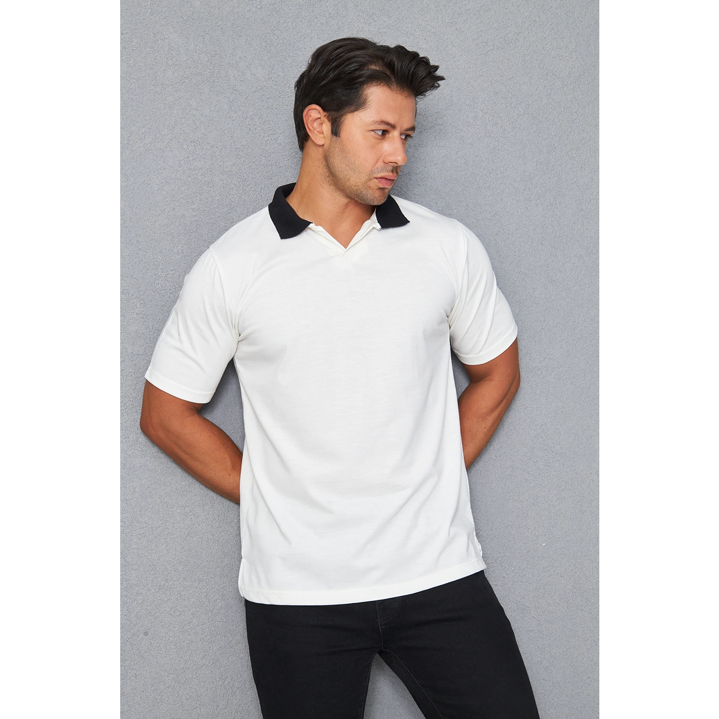White V Neck Contrast Collar Polo | Montivo Pakistan
