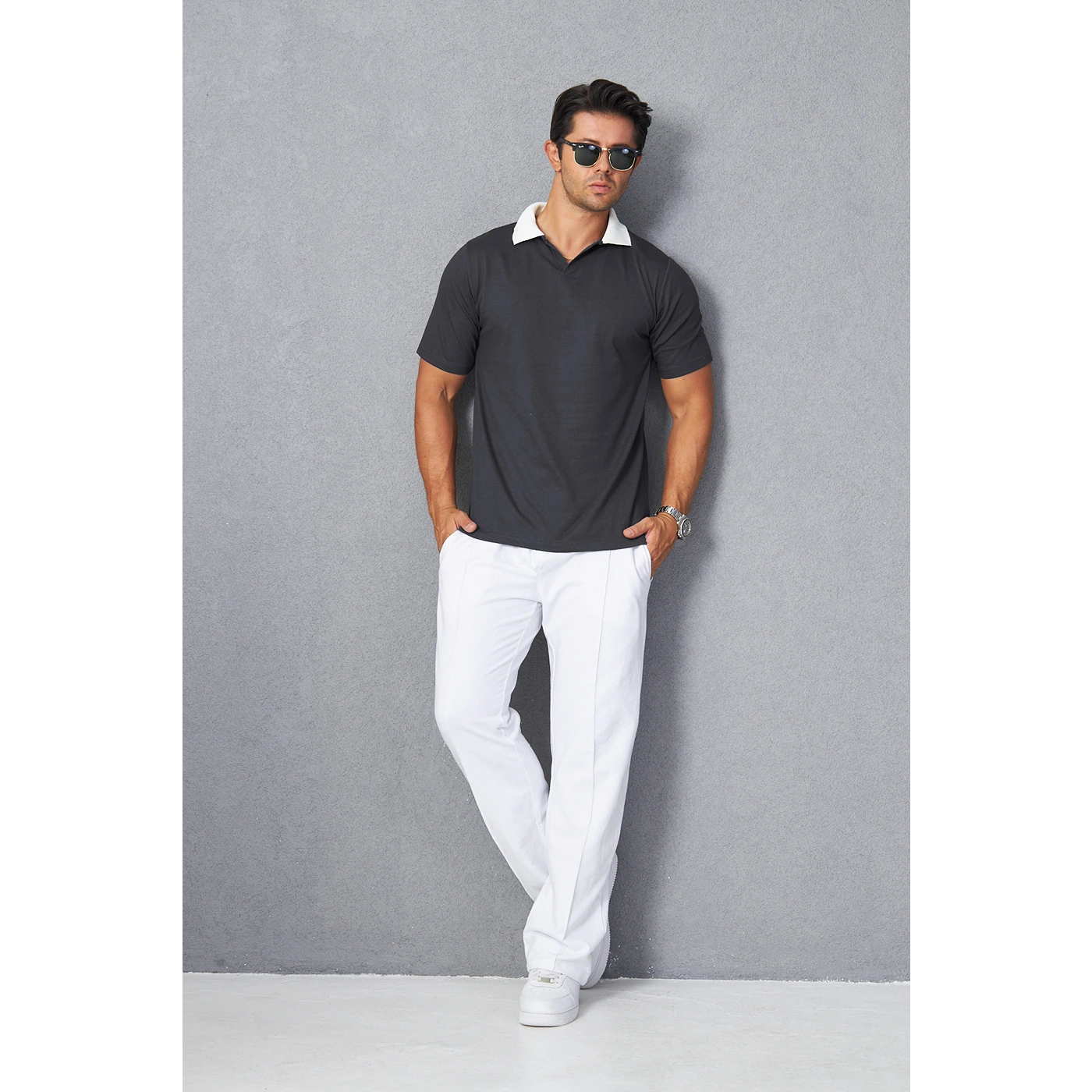 Steel Grey V Neck Contrast Collar Polo | Montivo Pakistan