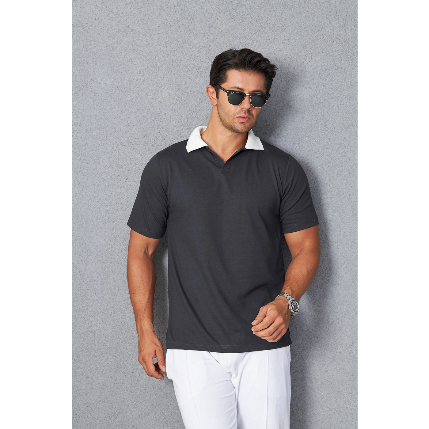 Steel Grey V Neck Contrast Collar Polo | Montivo Pakistan