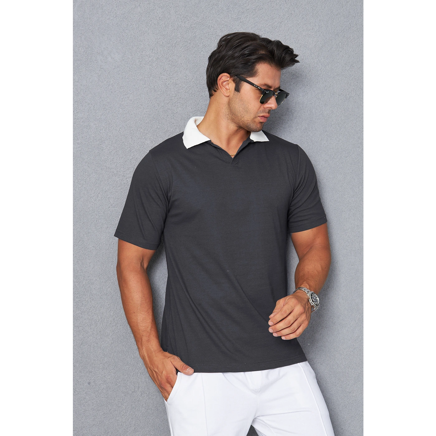 Steel Grey V Neck Contrast Collar Polo | Montivo Pakistan