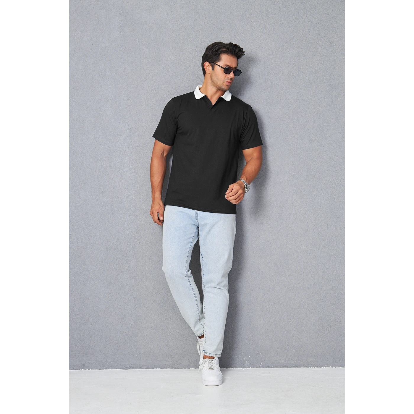 Black V Neck Contrast Collar Polo | Montivo Pakistan