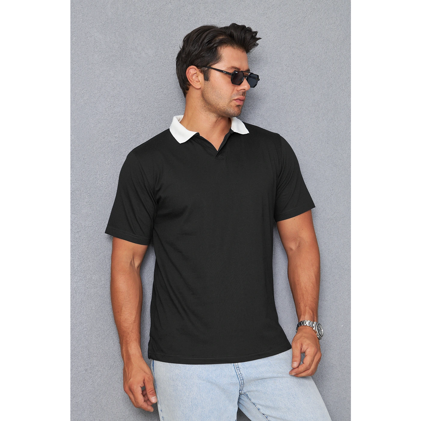 Black V Neck Contrast Collar Polo | Montivo Pakistan