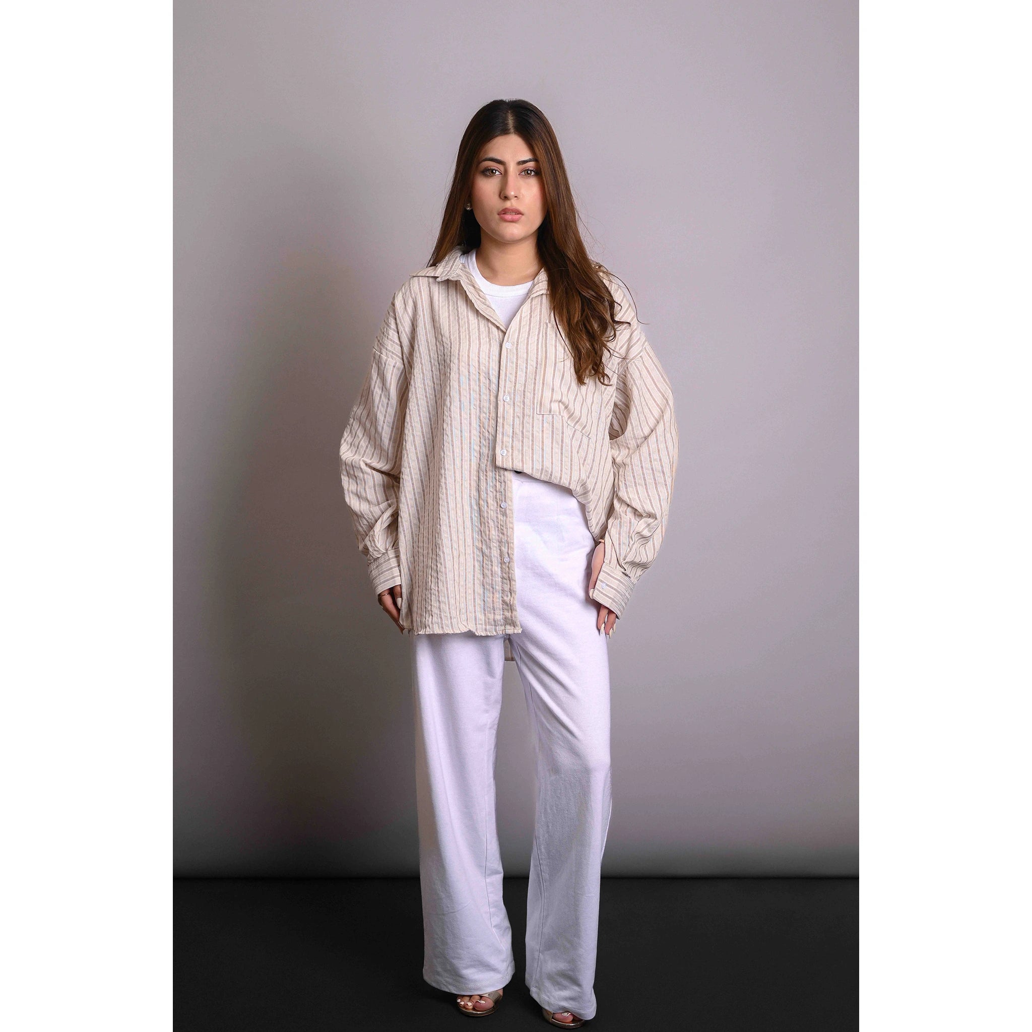 Beige Stripes Oversized Shirt | Montivo Pakistan