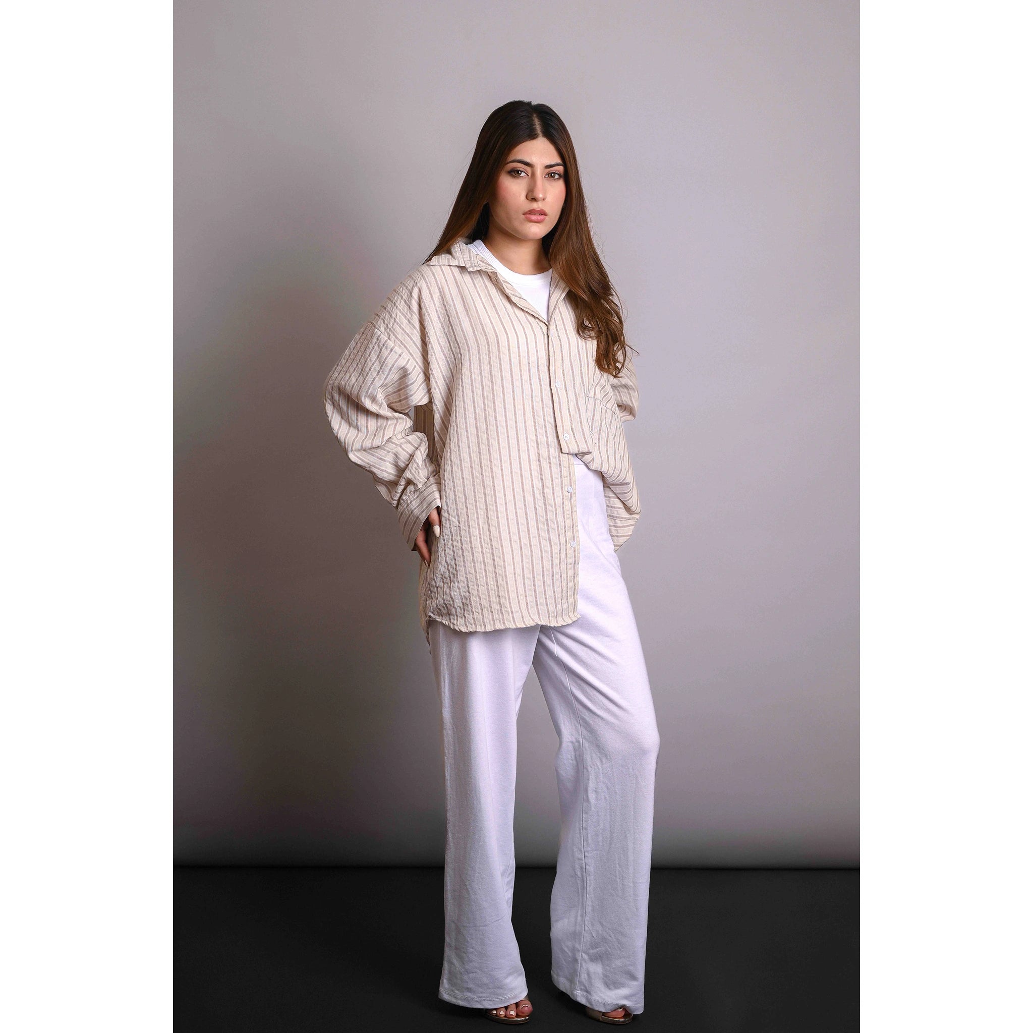 Beige Stripes Oversized Shirt | Montivo Pakistan