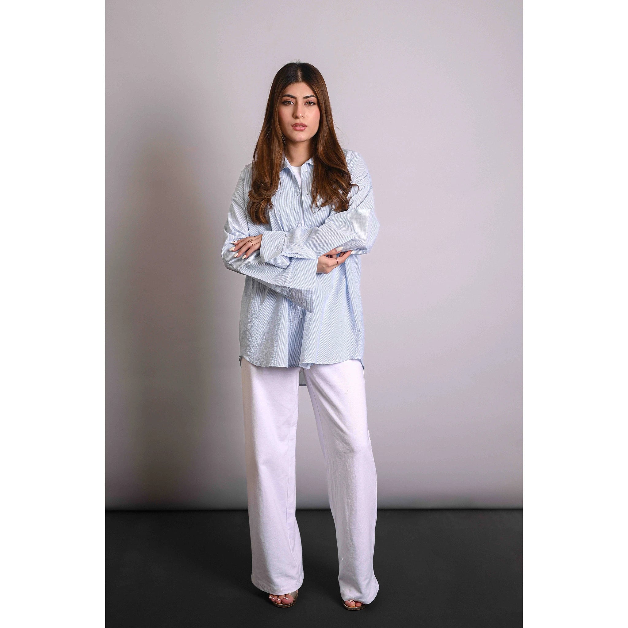 Light Blue Crinkle Stripes Oversized Shirt | Montivo Pakistan