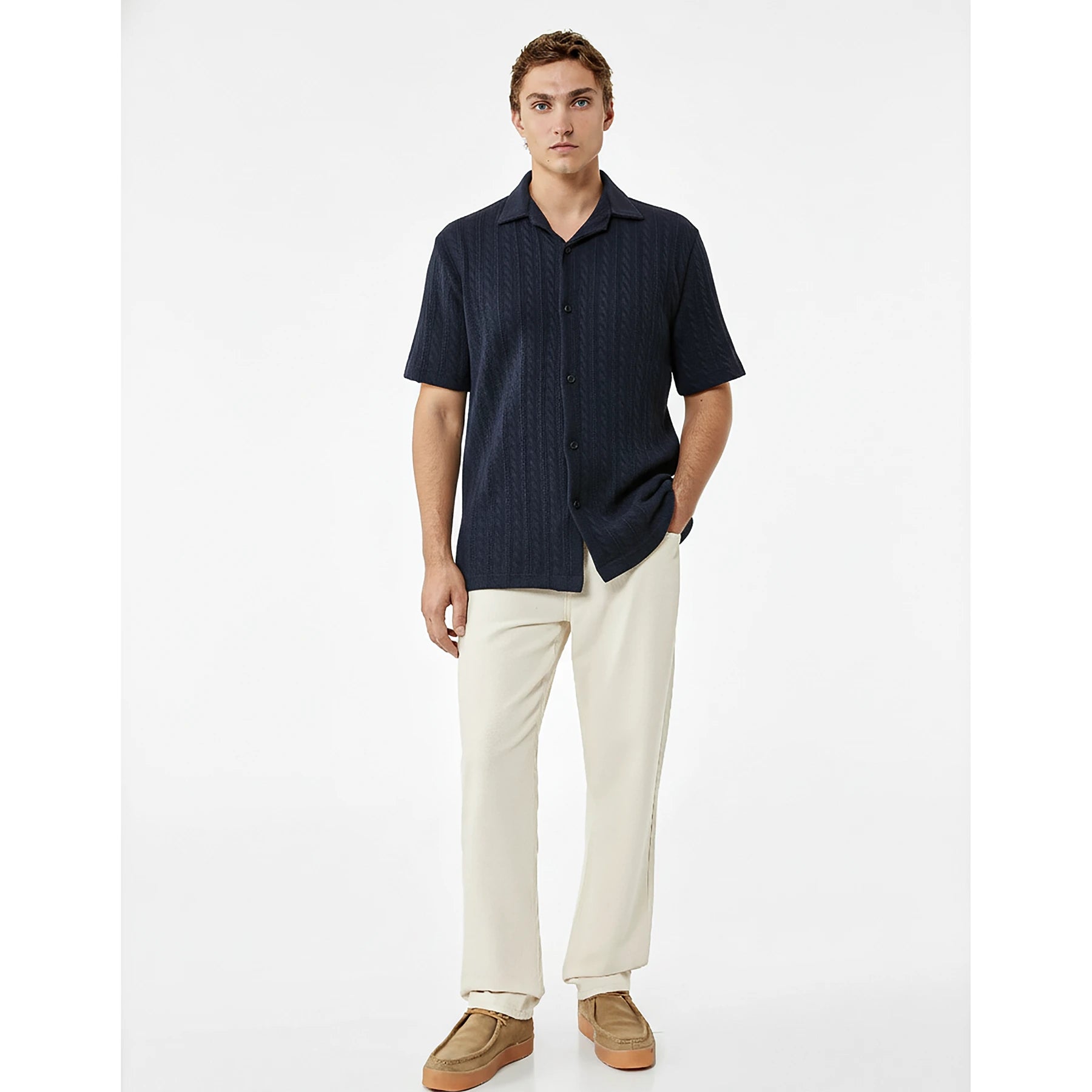 Blue Cable Knit Cuban Shirt | Montivo Pakistan