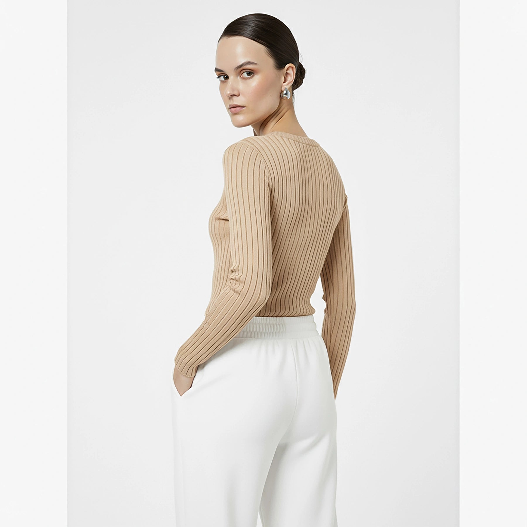 Beige Drop Needle Crew Neck Top | Montivo Pakistan